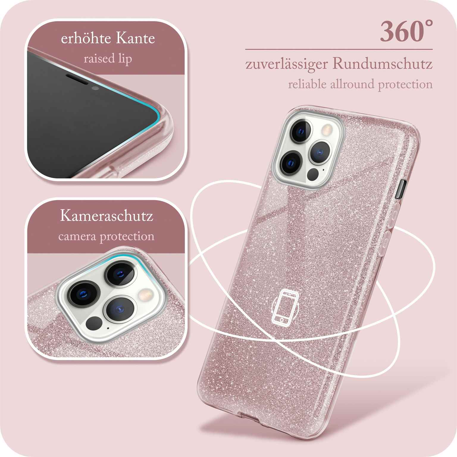 Ein Telefon in einer rosa Glitzerhülle. Die Hülle hat erhöhte Kanten zum Schutz des Bildschirms und der Kamera.
