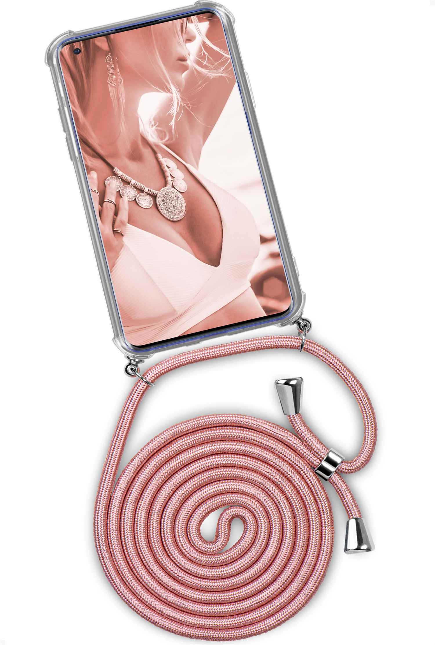 Handyhülle mit Frau mit Schmuck, rosa Kabel.