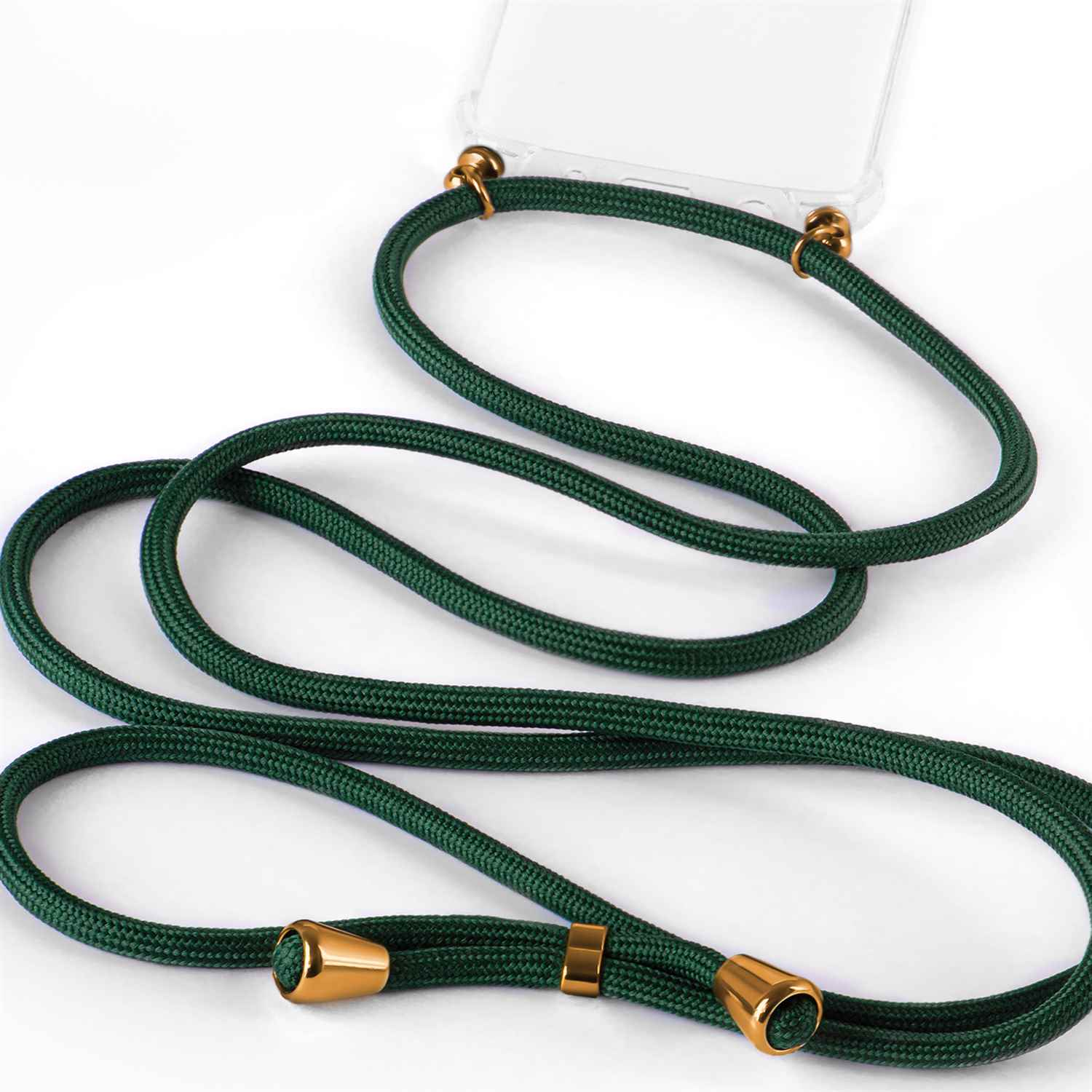 Grünes geflochtenes Kabel mit goldenen Metallenden und Befestigungen. Das Kabel ist an einer Hülle befestigt.