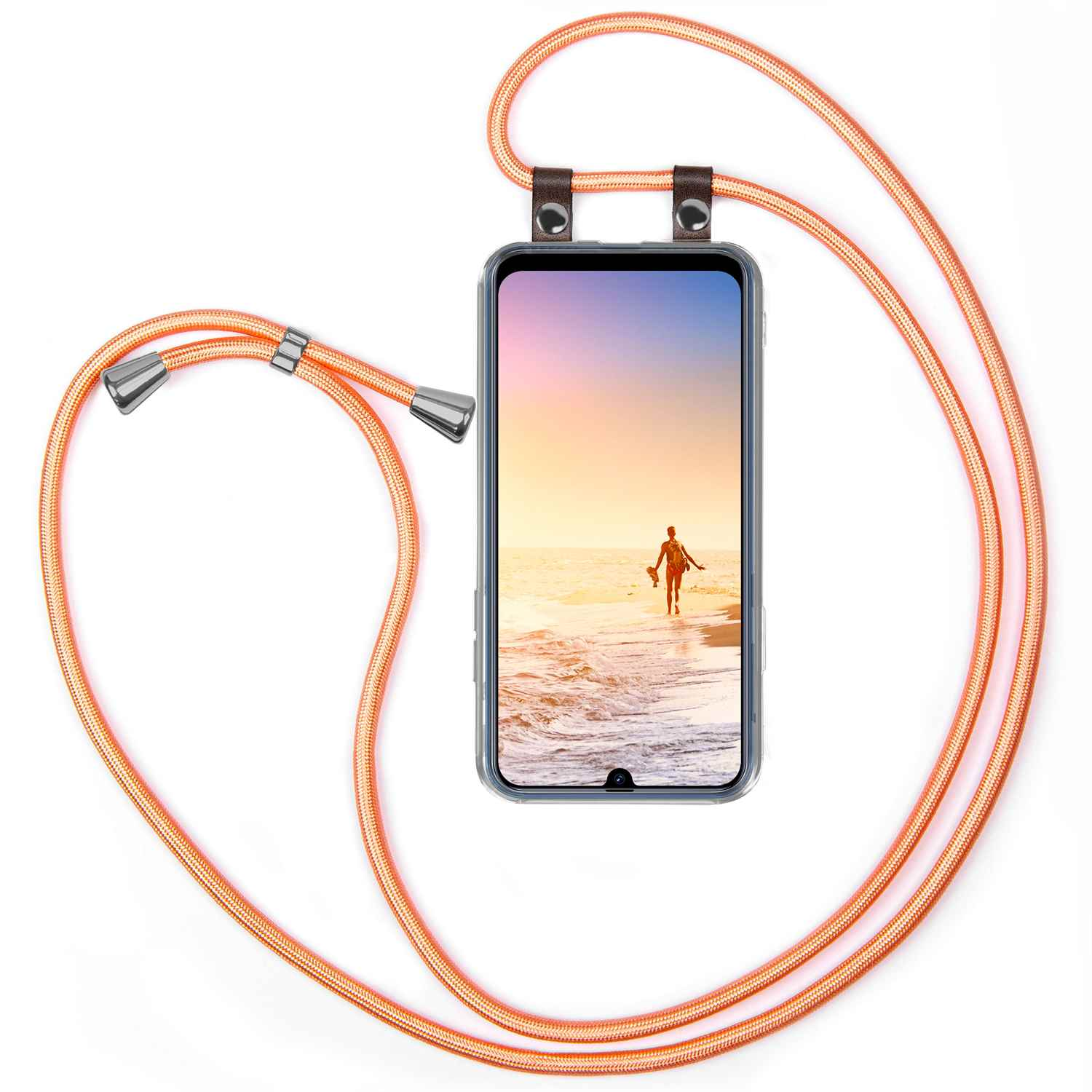 Handyhülle mit orangefarbener Kordel, die eine Person zeigt, die bei Sonnenuntergang am Strand spazieren geht.