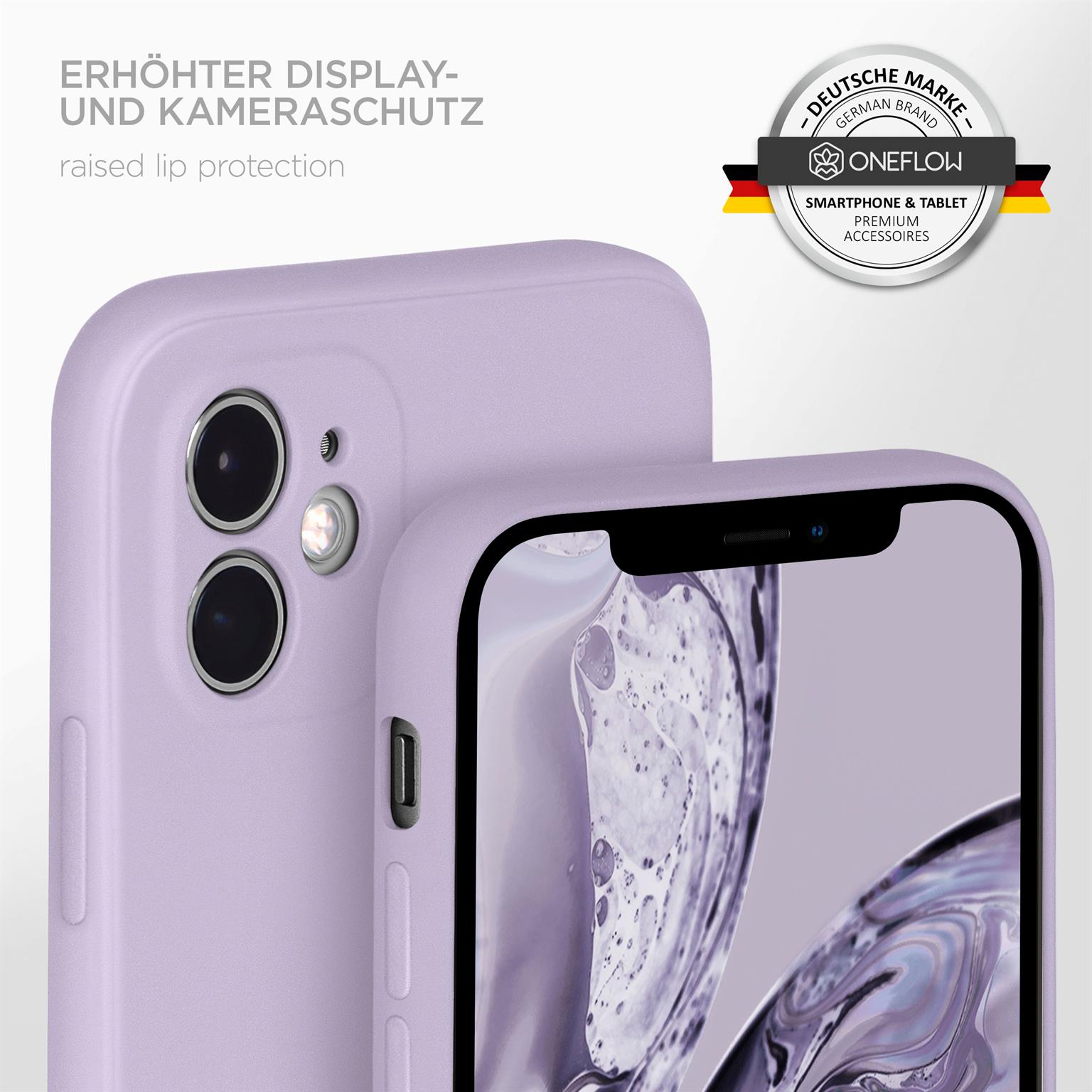 Zwei Telefone in lila Hüllen. Eines zeigt einen Bildschirm. Oben rechts ist ein Logo.