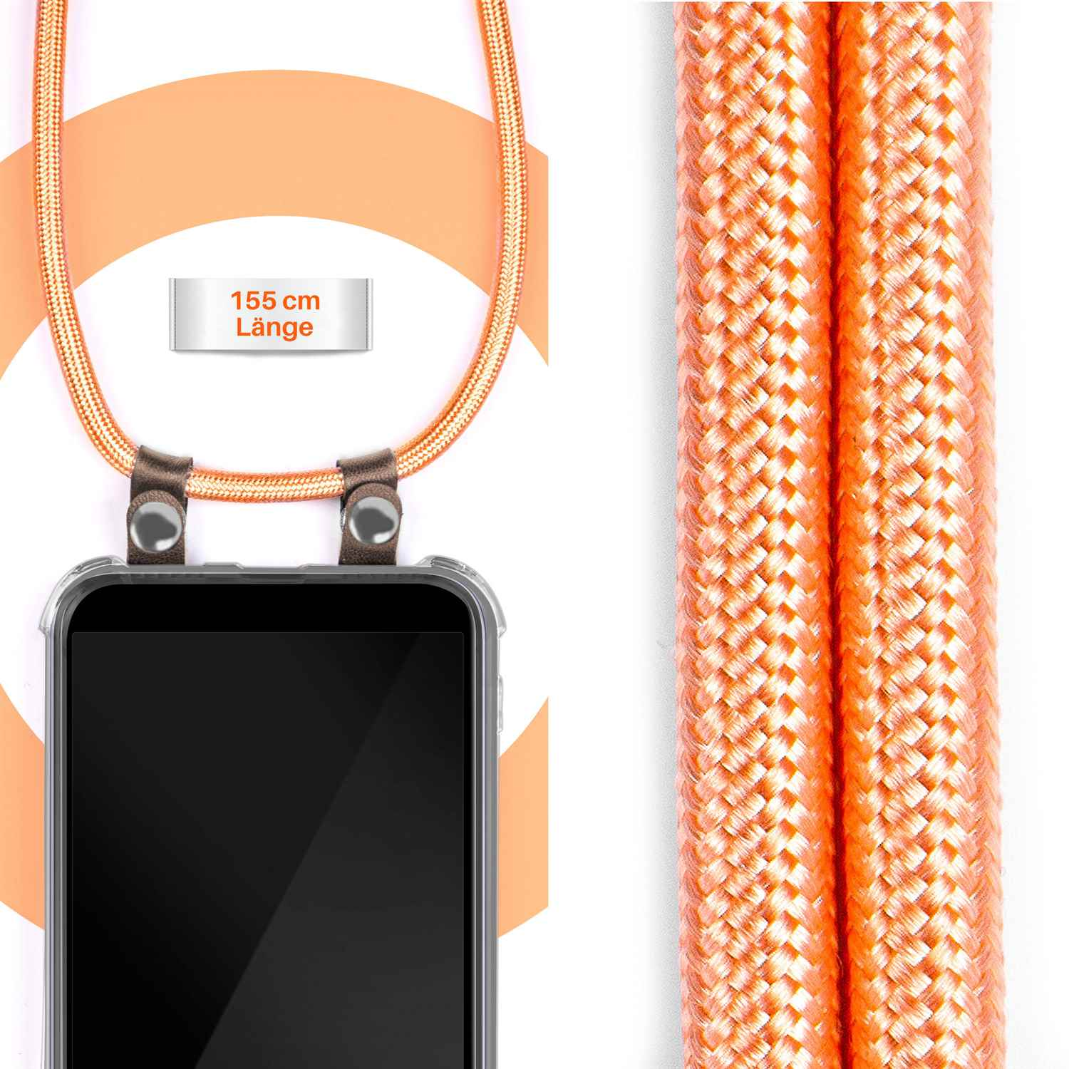 Ein Telefon-Lanyard mit orangefarbenem Kordel. Das Telefon befindet sich in einer transparenten Hülle. Diagramm zeigt Länge 155 cm.