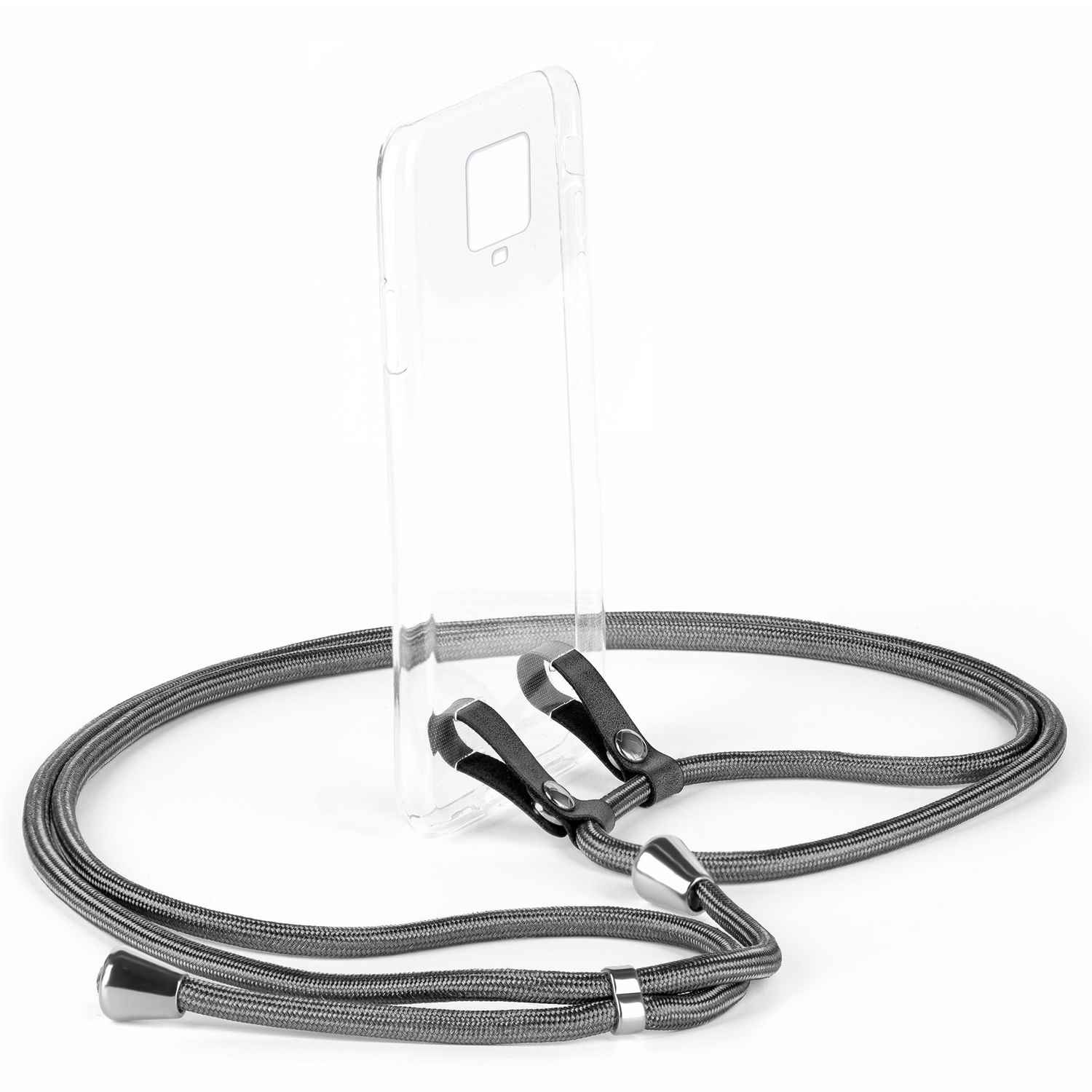 Eine transparente Handyhülle mit einem grauen Lanyard. Das Lanyard ist an der Hülle befestigt. Der Hintergrund ist weiß.
