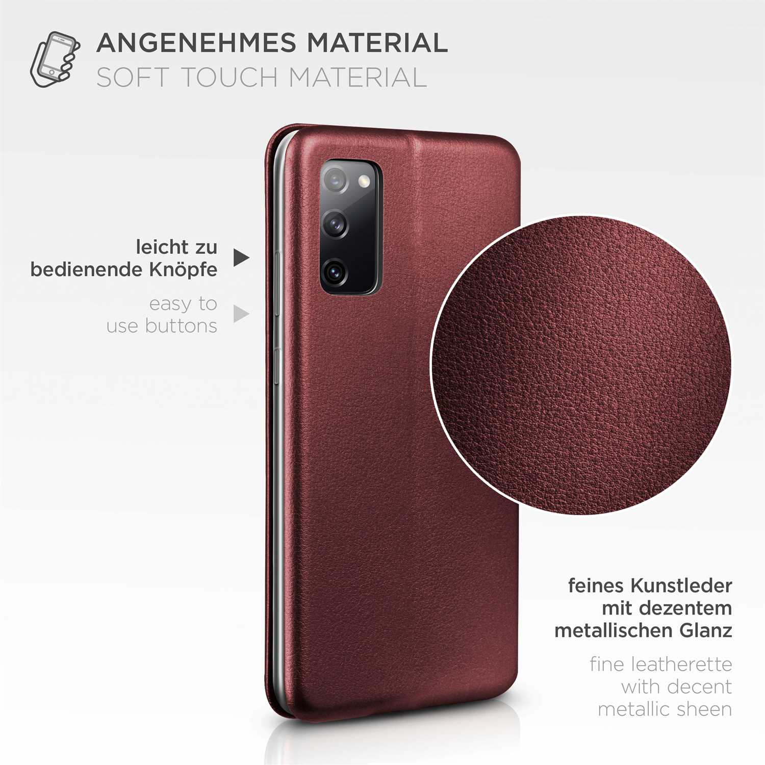 Weinrotes Handycase. Das Case hat ein Kamera-Loch und eine strukturierte Oberfläche. Es gibt eine Nahaufnahme der Textur.