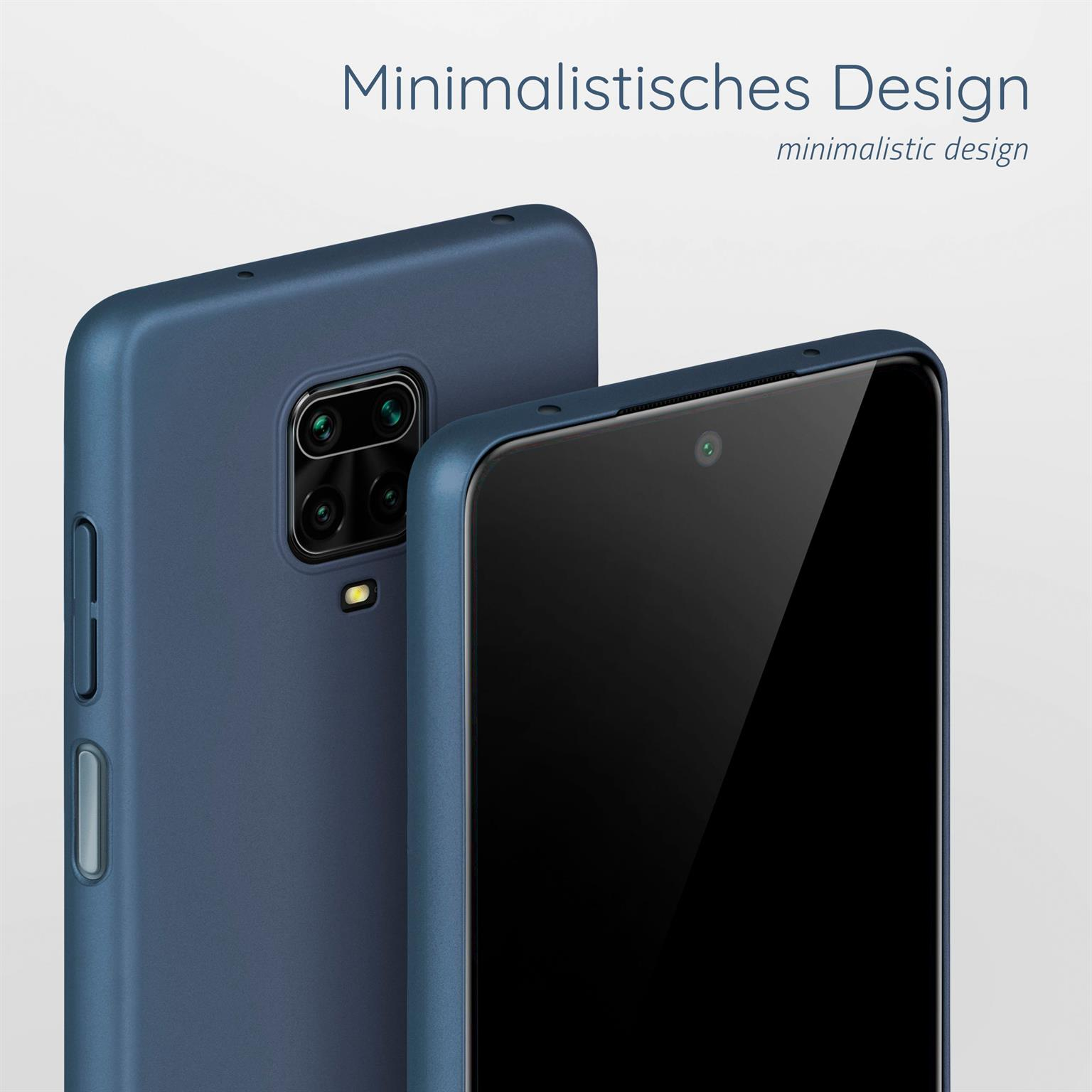 Zwei blaue Handyhüllen werden gezeigt, eine vorne, eine hinten. Die vordere zeigt den Bildschirm.
