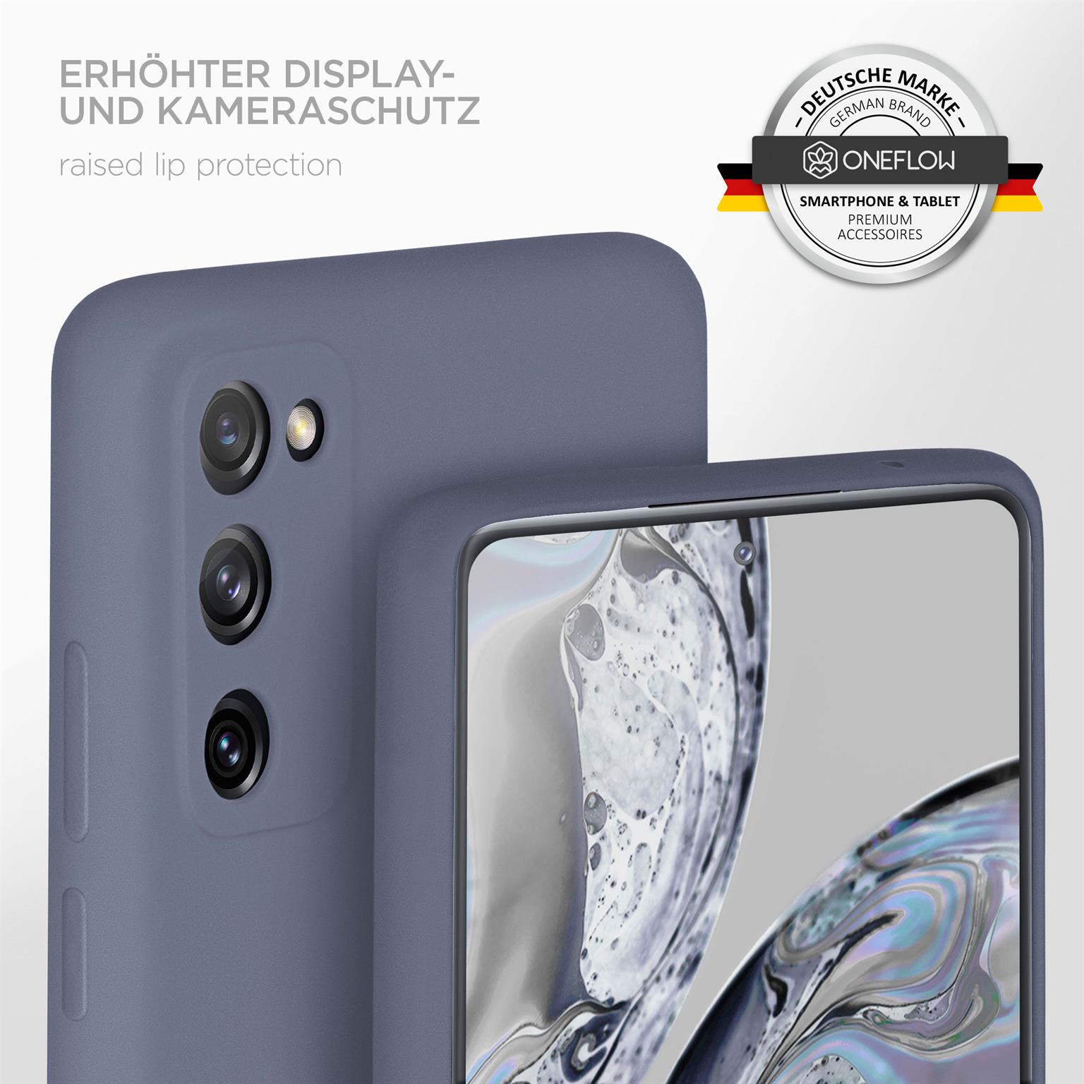 Nahaufnahme einer Handyhülle mit Telefon und erhöhtem Lippenschutz, mit Logo.