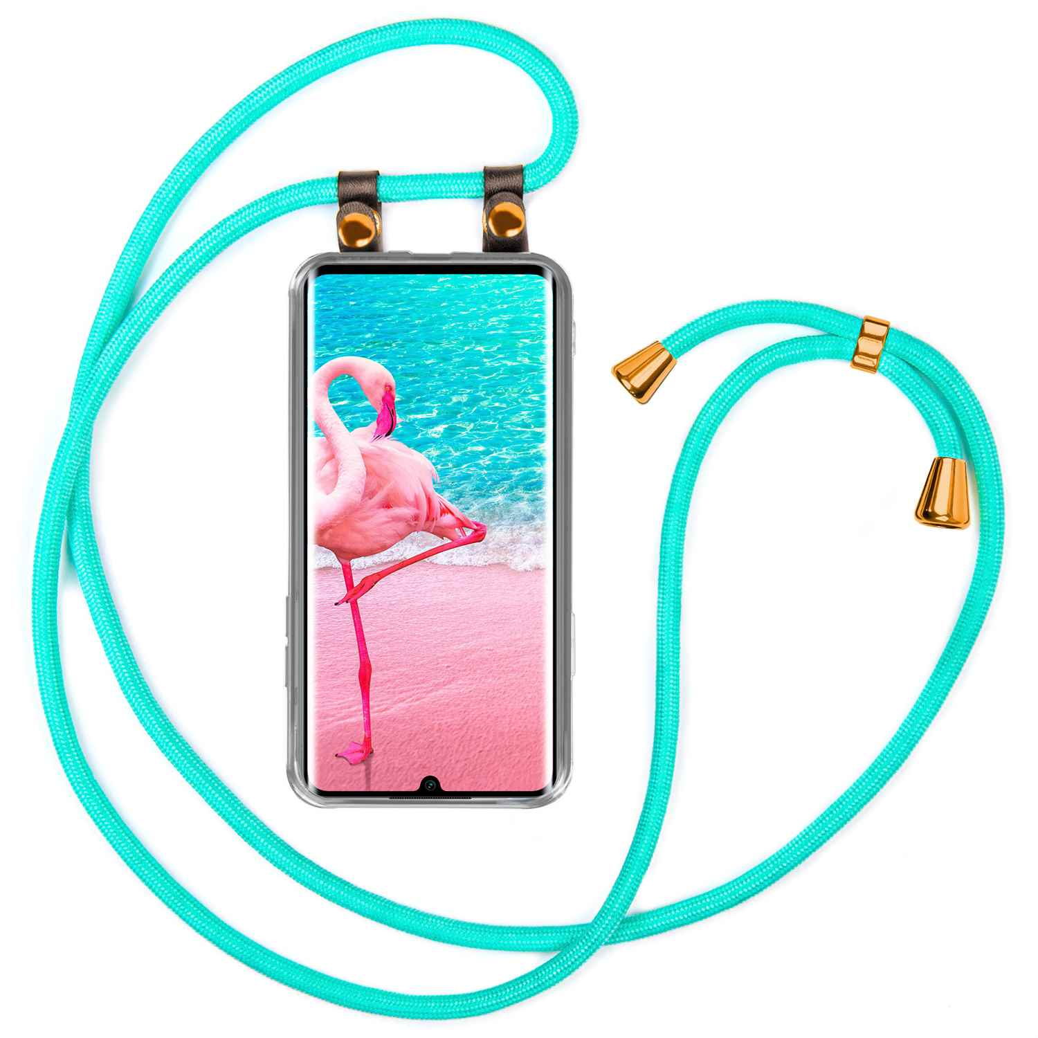 Telefon mit türkisfarbener Seilhülle. Bildschirm zeigt Flamingo auf rosa Sand, türkisfarbenes Wasser.