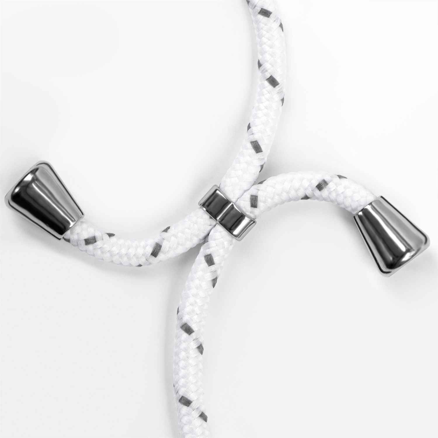 Weißes Telefonkabel mit silbernen Metallendkappen. Schwarze und graue Details.