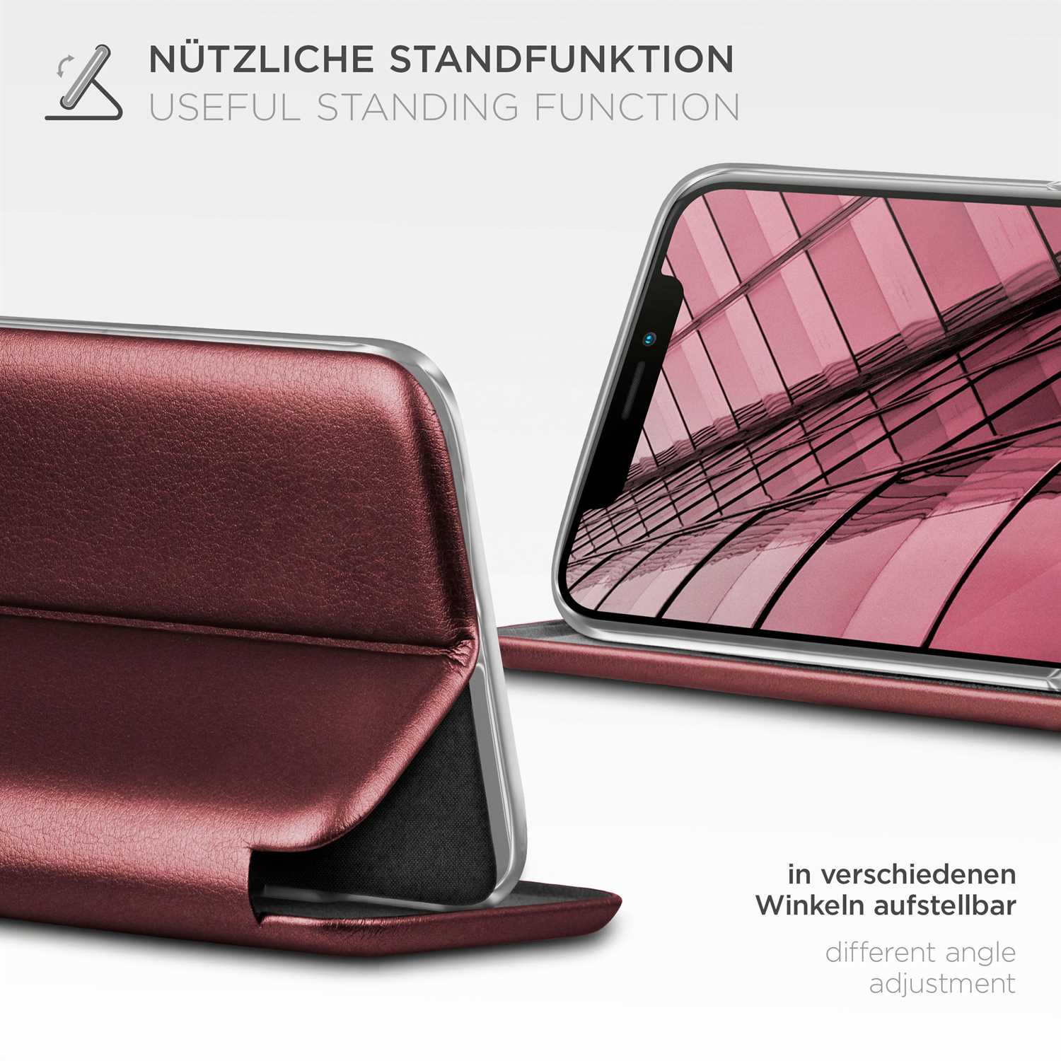 Eine weinrote Handyhülle in verschiedenen Winkeln, mit nützlicher Standfunktion.