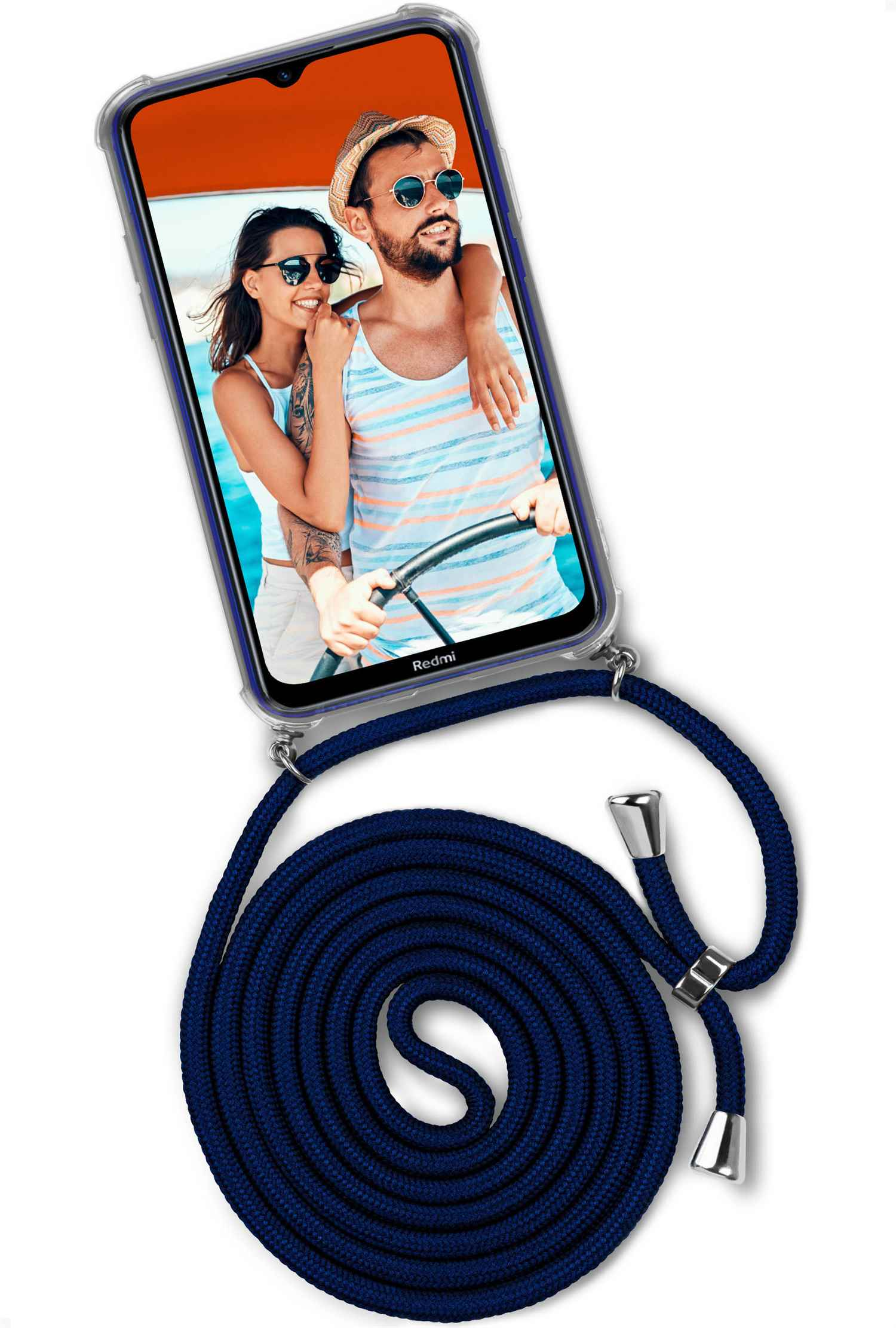 Telefon mit Paar auf Boot. Dunkelblaues Kabel.