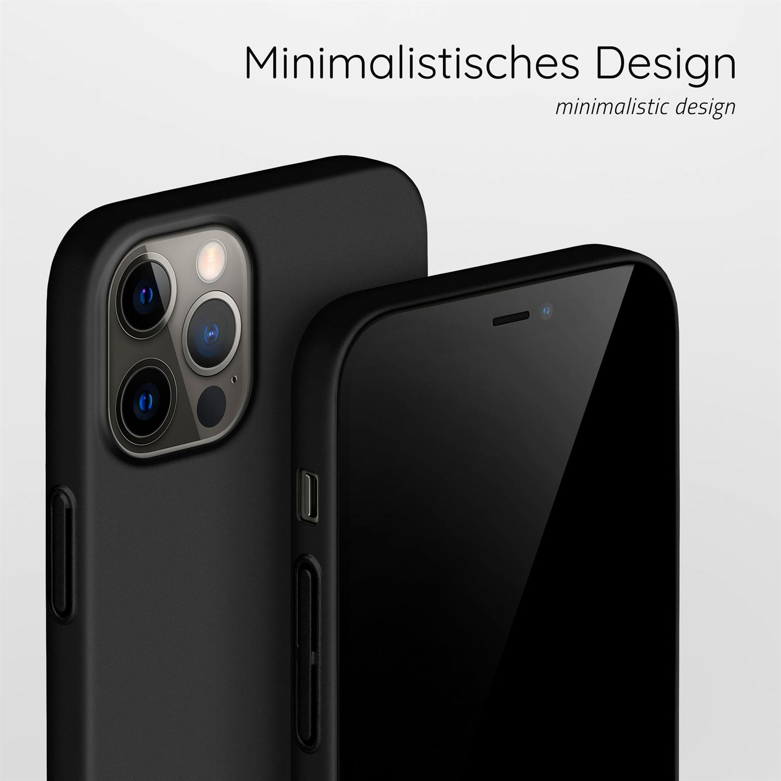 Zwei schwarze Handyhüllen, die hintere ist leicht sichtbar. Text: 'Minimalistisches Design'.