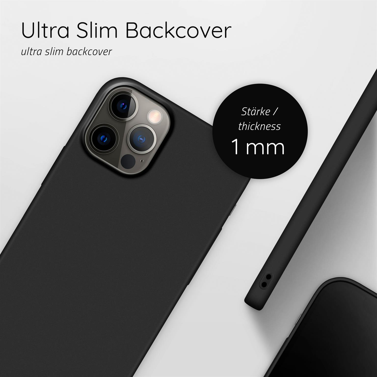Schwarze Handyhülle mit Kamera. Auf weißem Untergrund steht 'Ultra Slim Backcover' und '1 mm Dicke'.