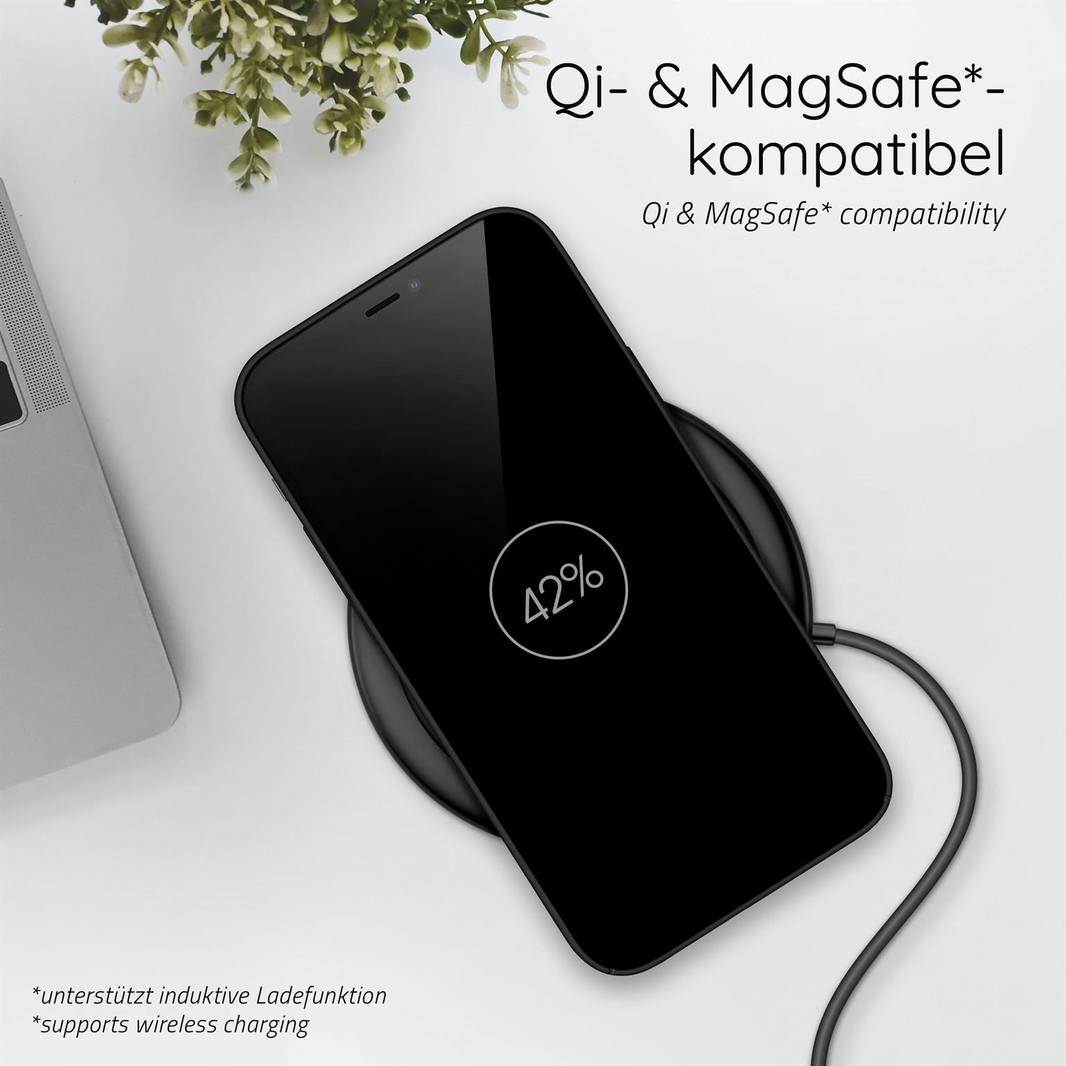 Schwarzes Telefon, das kabellos auf einem schwarzen Ladepad geladen wird. Anzeige zeigt 42% Ladung.