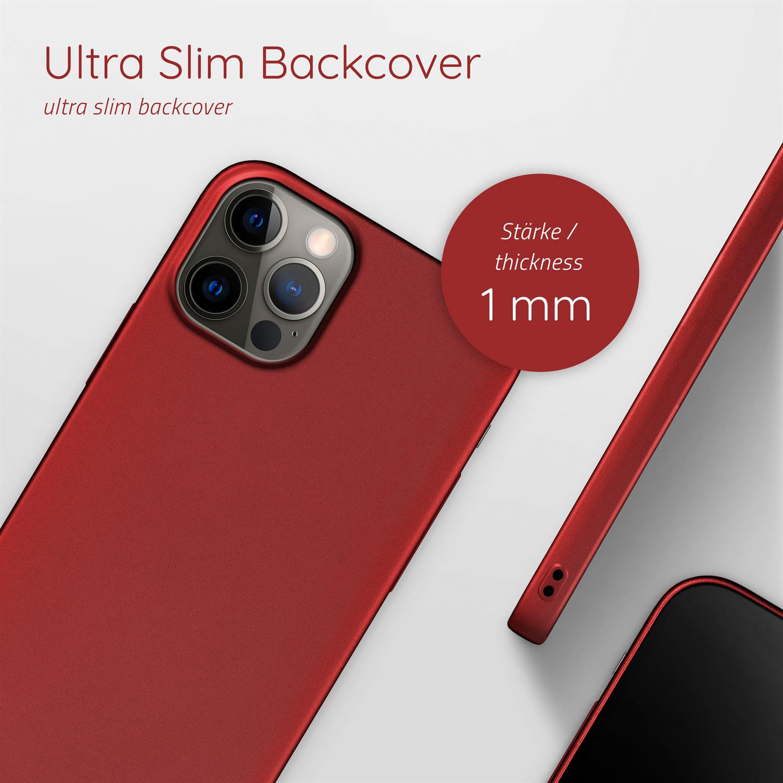 Rote Handy-Rückseite. Text: Ultra Slim Backcover. Dicke: 1 mm.