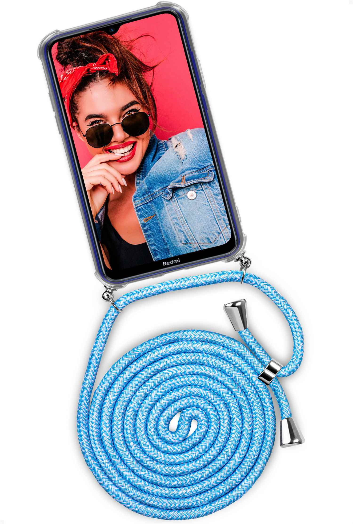 Telefon mit Frau mit Sonnenbrille, blaue Kordel. Hintergrund ist weiß. Kordel hat silberne Details.