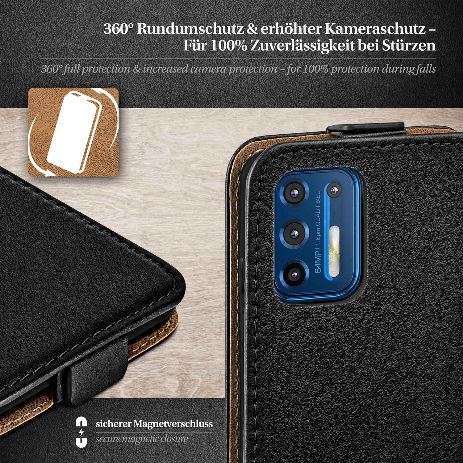 Eine Handyhülle mit Telefon, mit Kamera und Magnetverschluss Detail.