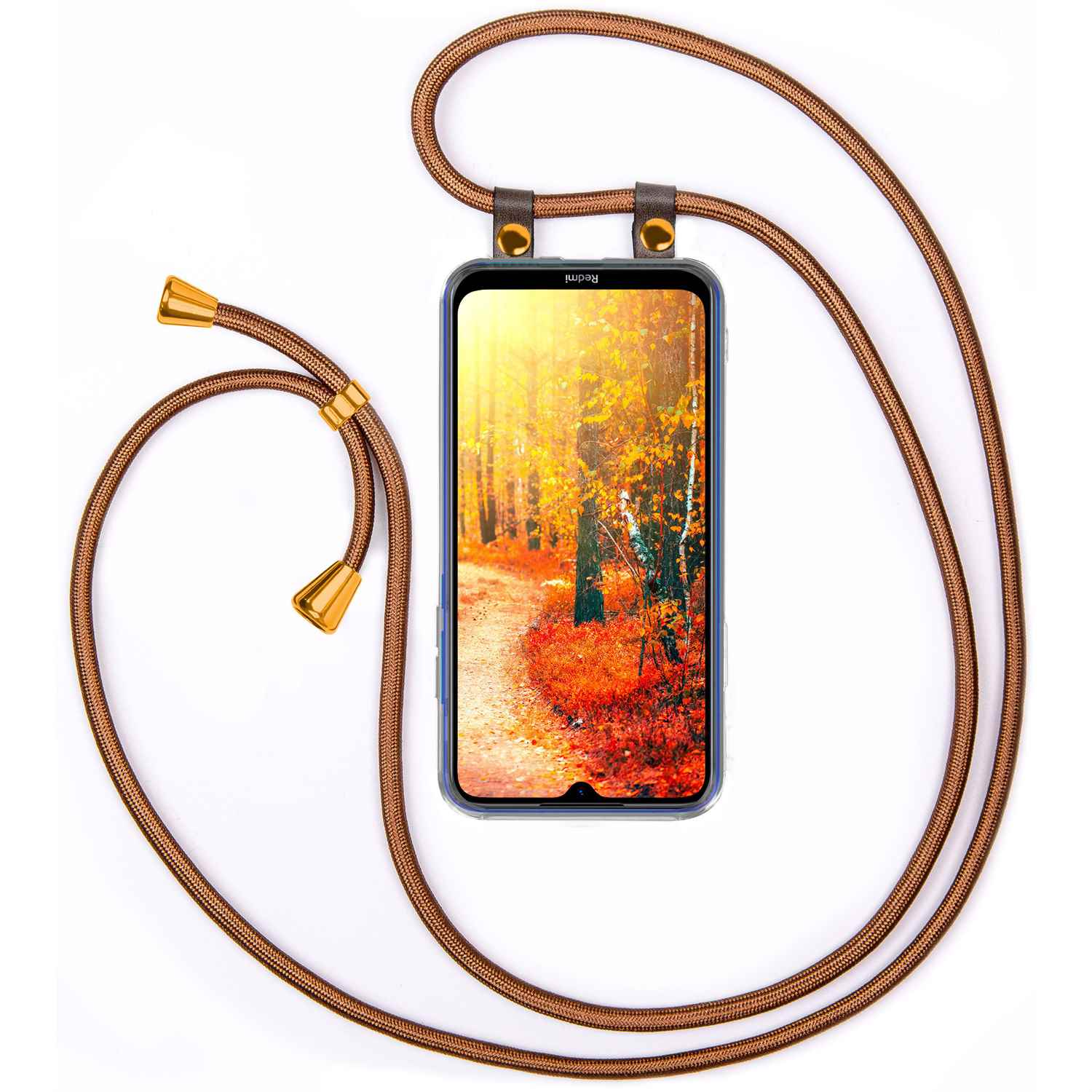 Telefon mit braunem Lanyard. Bild zeigt Herbstwald mit Weg.