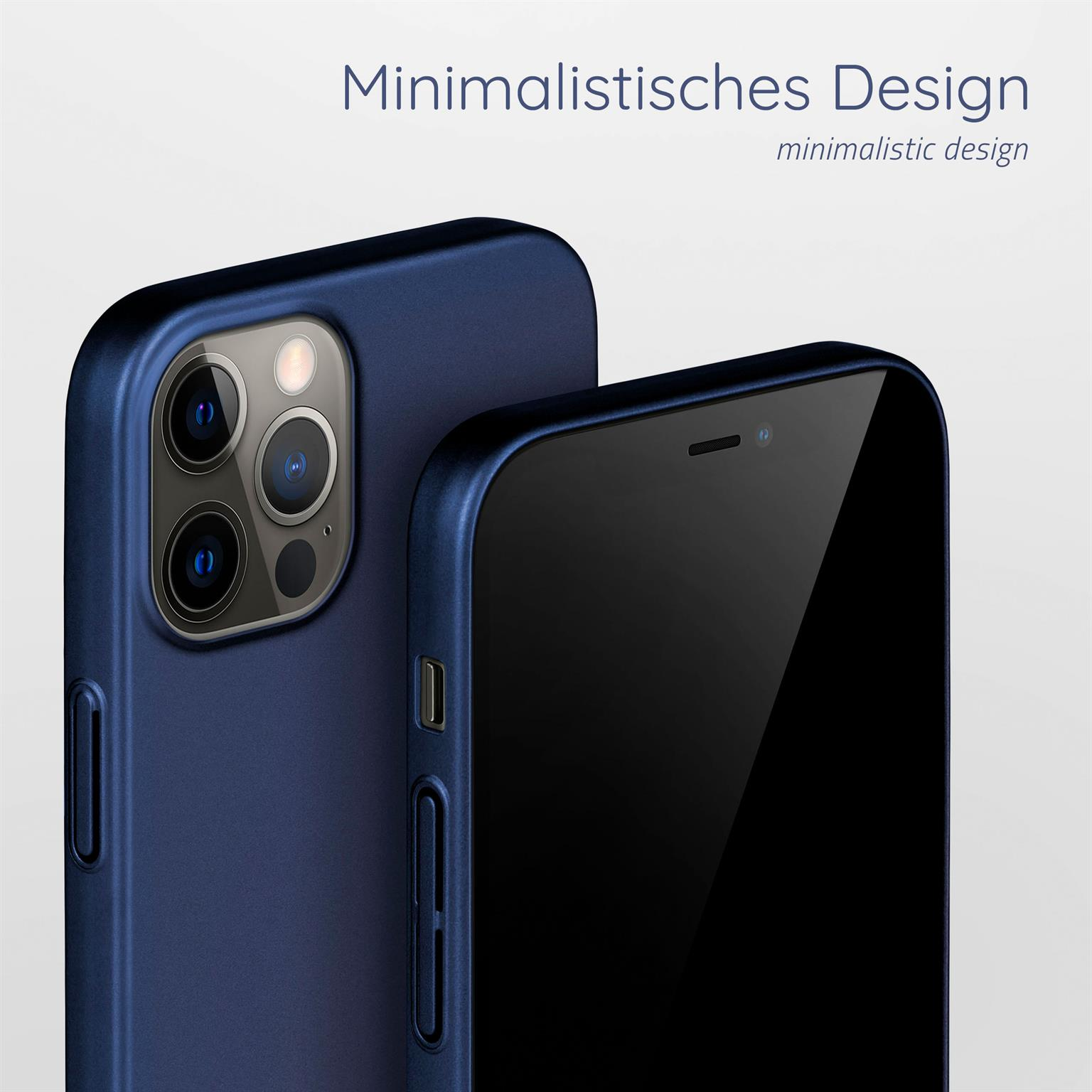 Blaue Handyhülle, Telefonbildschirm sichtbar. Text: Minimalistisches Design.