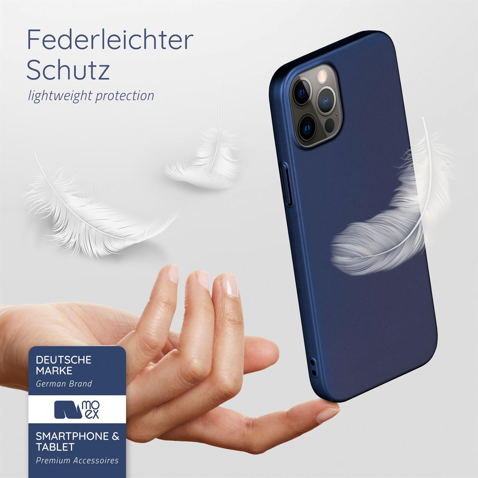 Blaue Handyhülle. Federn schweben. Text: Leichter Schutz. Deutsche Marke.
