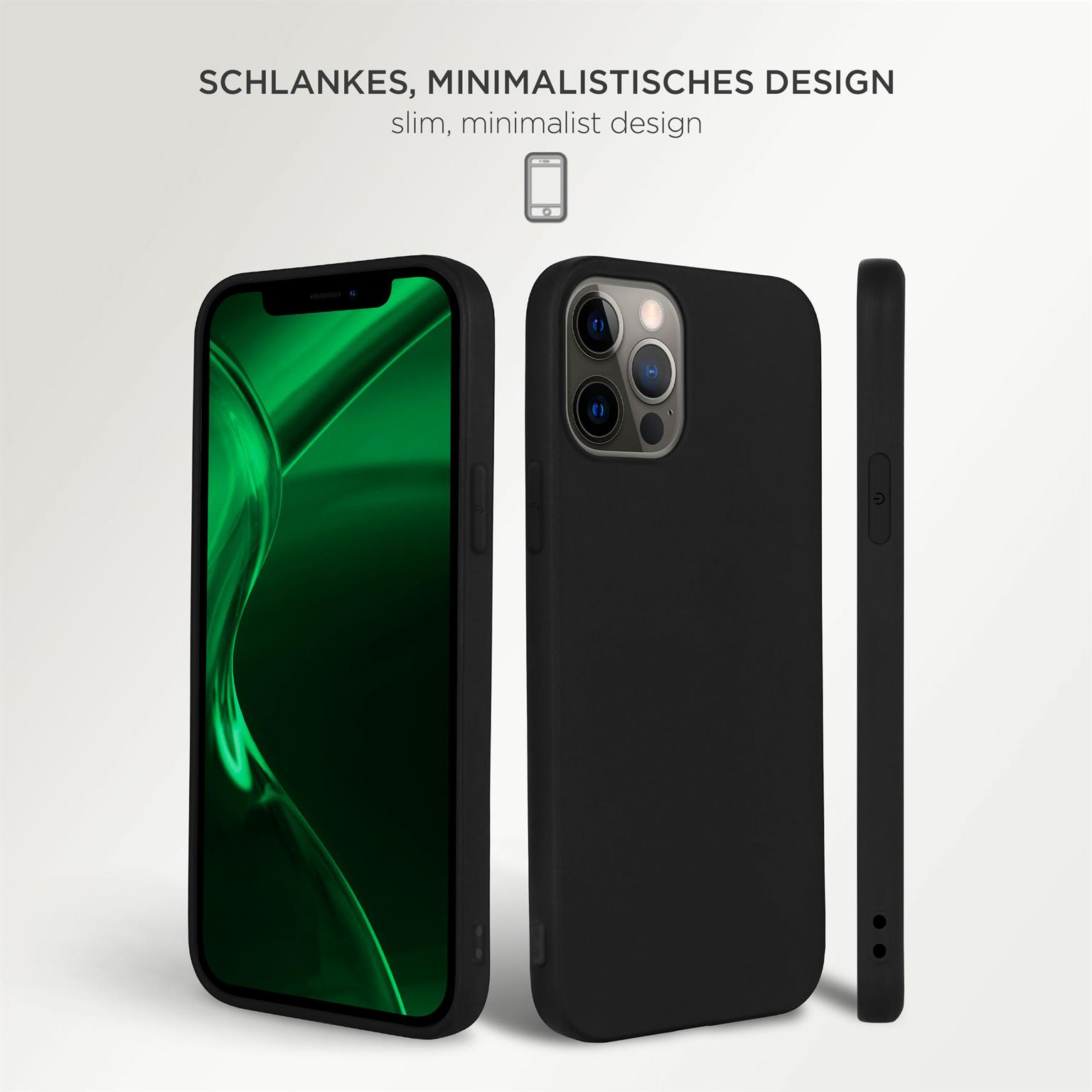 Schwarze Handyhülle mit grünem Bildschirm, mit Text über schlankes Design, weißer Hintergrund.