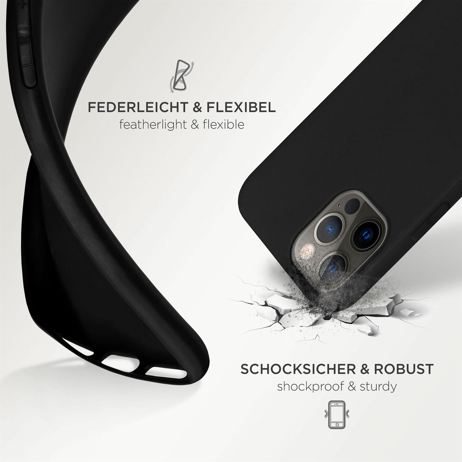 Eine schwarze Handyhülle ist flexibel und robust, mit einem Telefon auf einer rissigen Oberfläche.