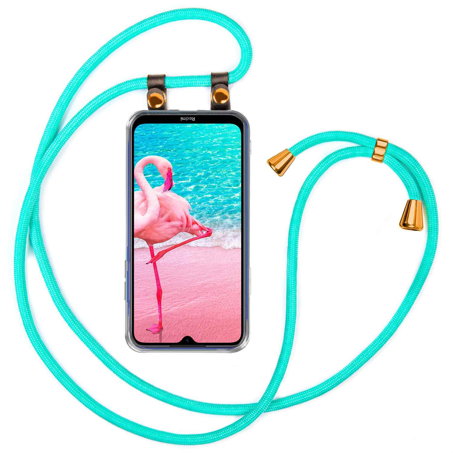 Telefon mit Flamingo-Bild, türkis Lanyard.