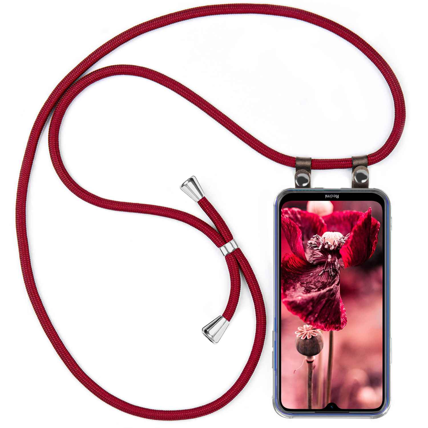 Telefon mit rotem Kabel. Bildschirm zeigt Nahaufnahme einer Blume. Weißer Hintergrund.
