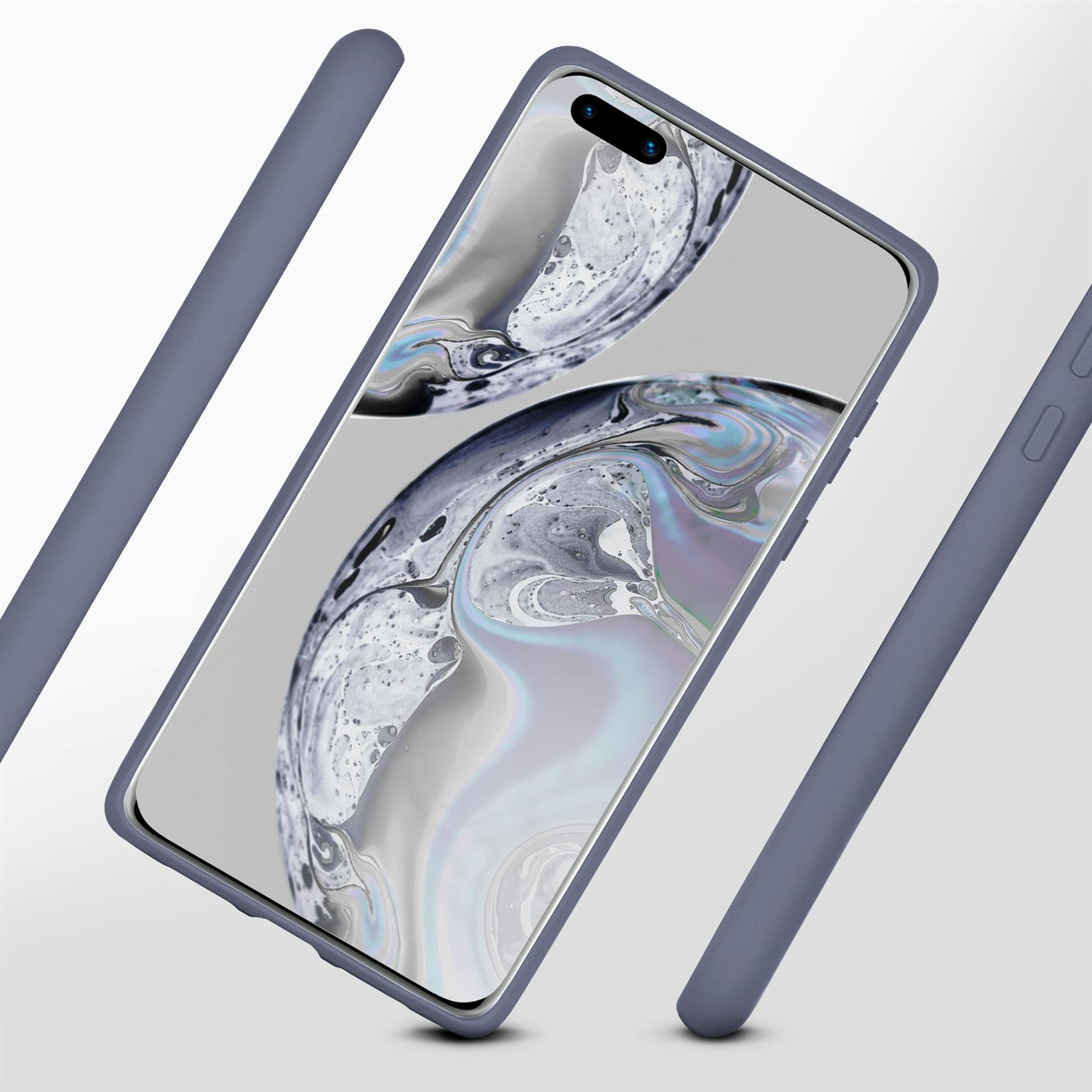 Ein graublauer Handycase umgibt ein Smartphone mit abstraktem Hintergrundbild.