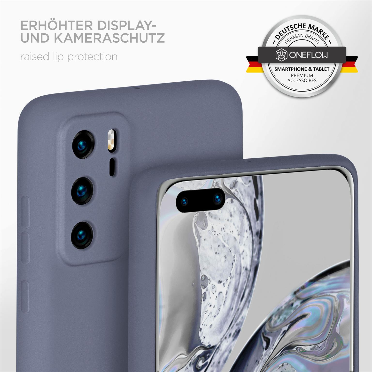 Graue Handyhülle mit erhöhter Display- und Kameraschutzfunktion.