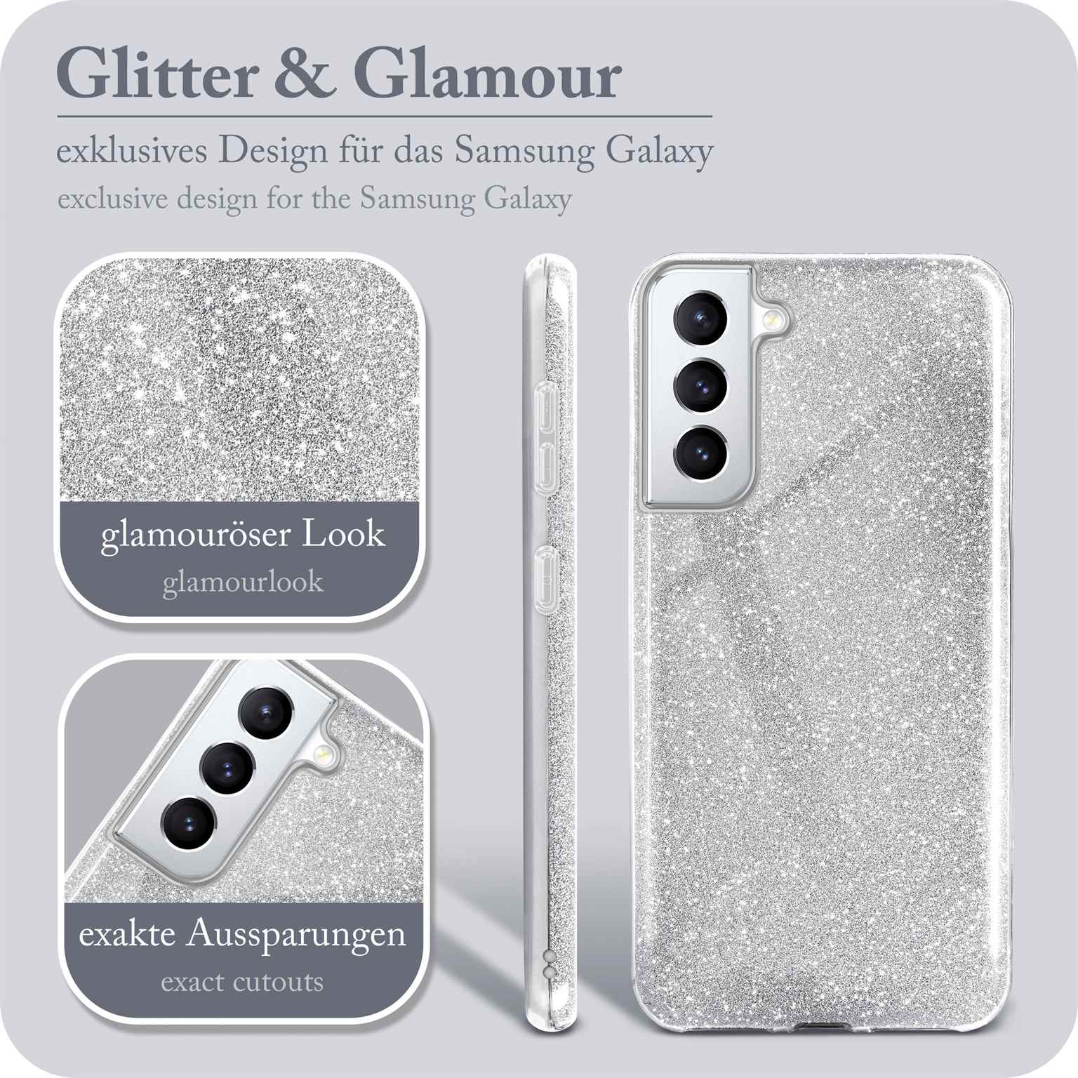 Glitzernde silberne Handyhülle mit Aussparungen und Nahaufnahme.