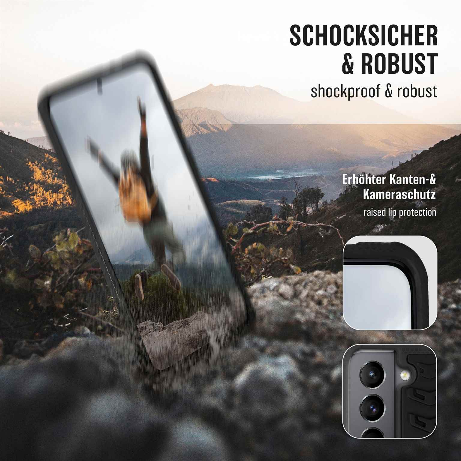 Eine Handyhülle mit einem Telefon darin, mit einem Hintergrund aus Felsen und Wasser.