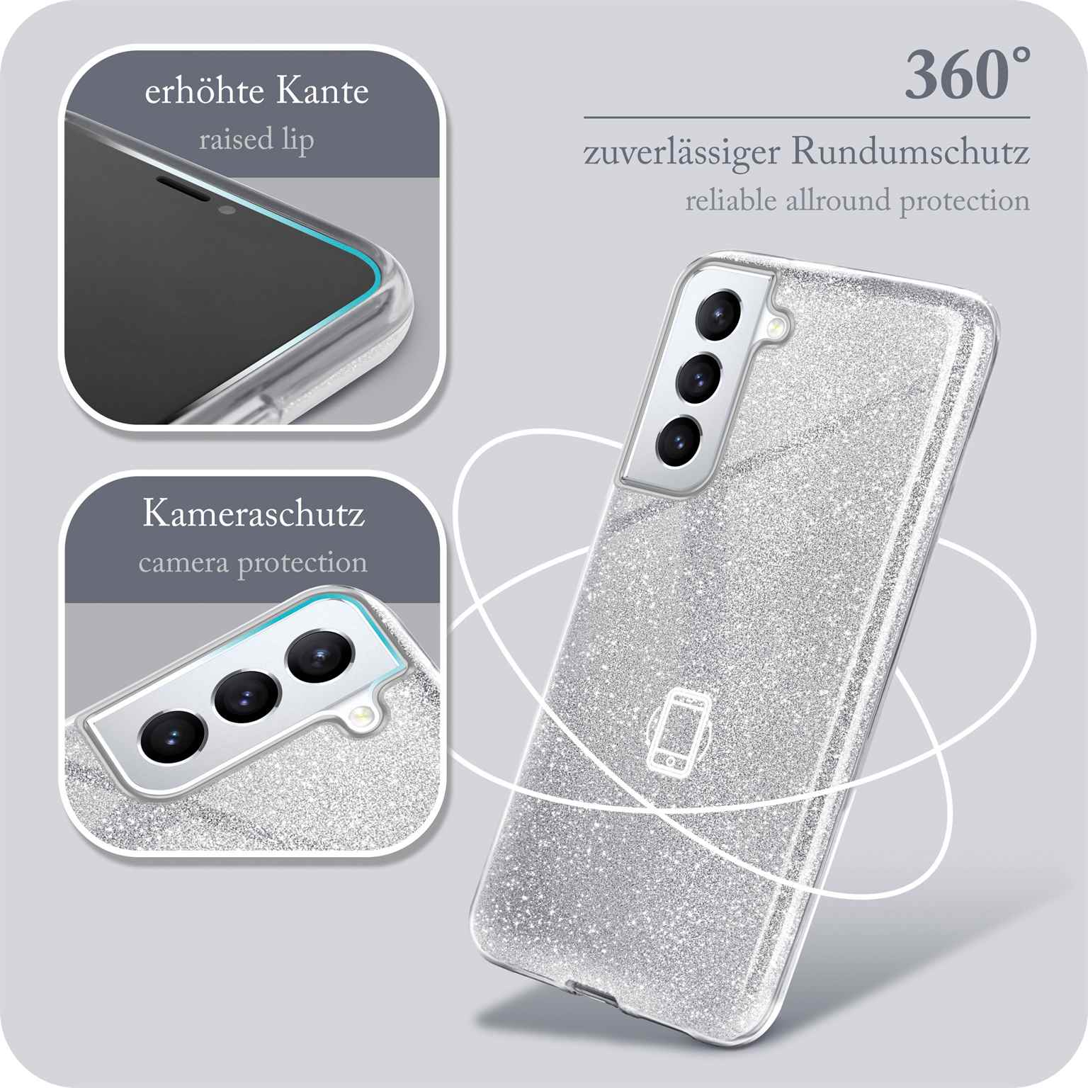 Eine Handyhülle mit Glitzerdesign. Sie hat erhöhte Kanten und Kameraschutz.