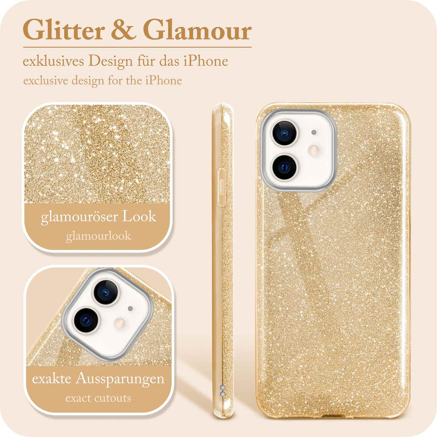 Goldene Glitzer-Handyhülle. Nahaufnahmen von Hülle und Aussparungen. Text: Glitzer & Glamour, exklusives Design.