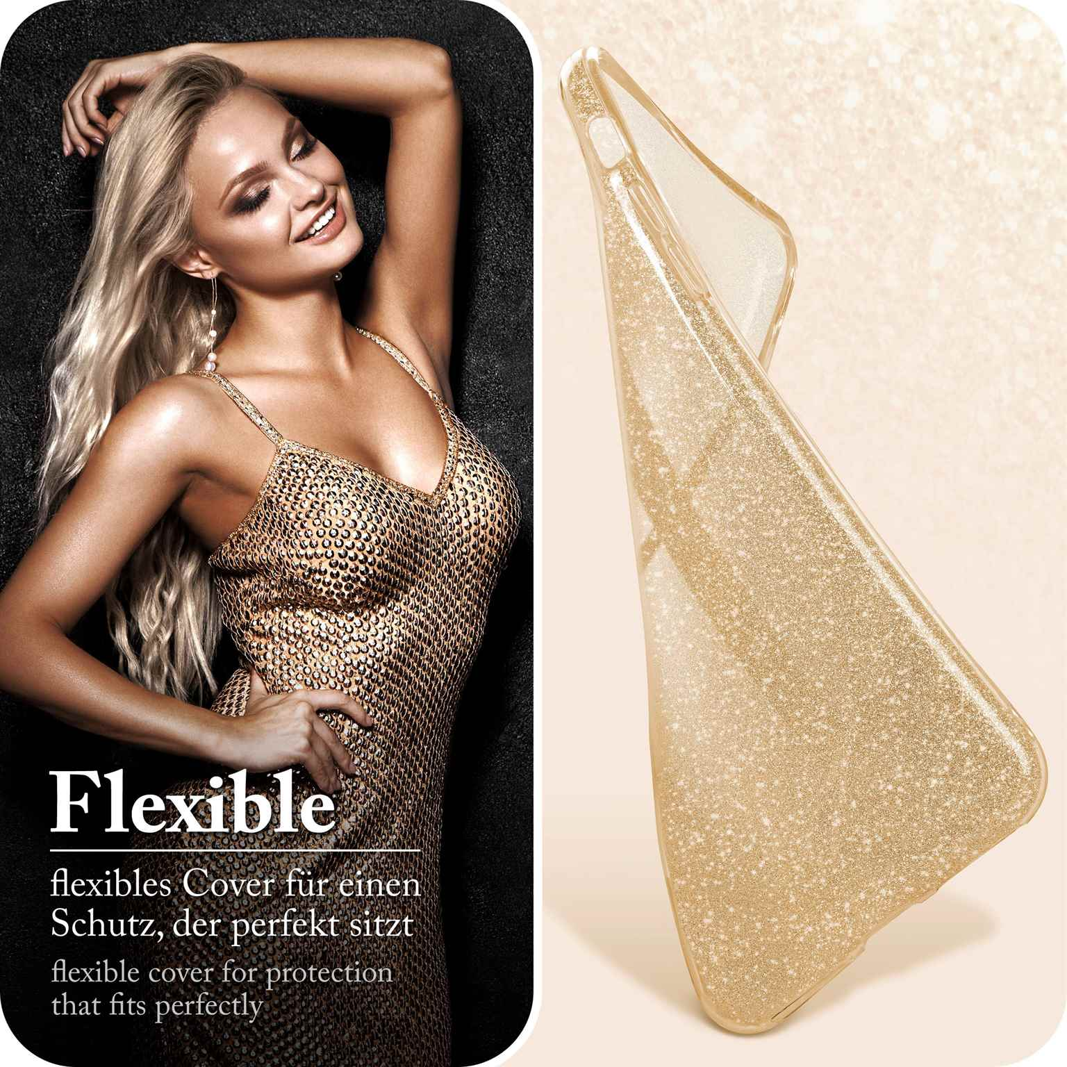 Eine blonde Frau in einem goldenen Kleid mit einer Handyhülle. Der Text Flexibel erscheint.