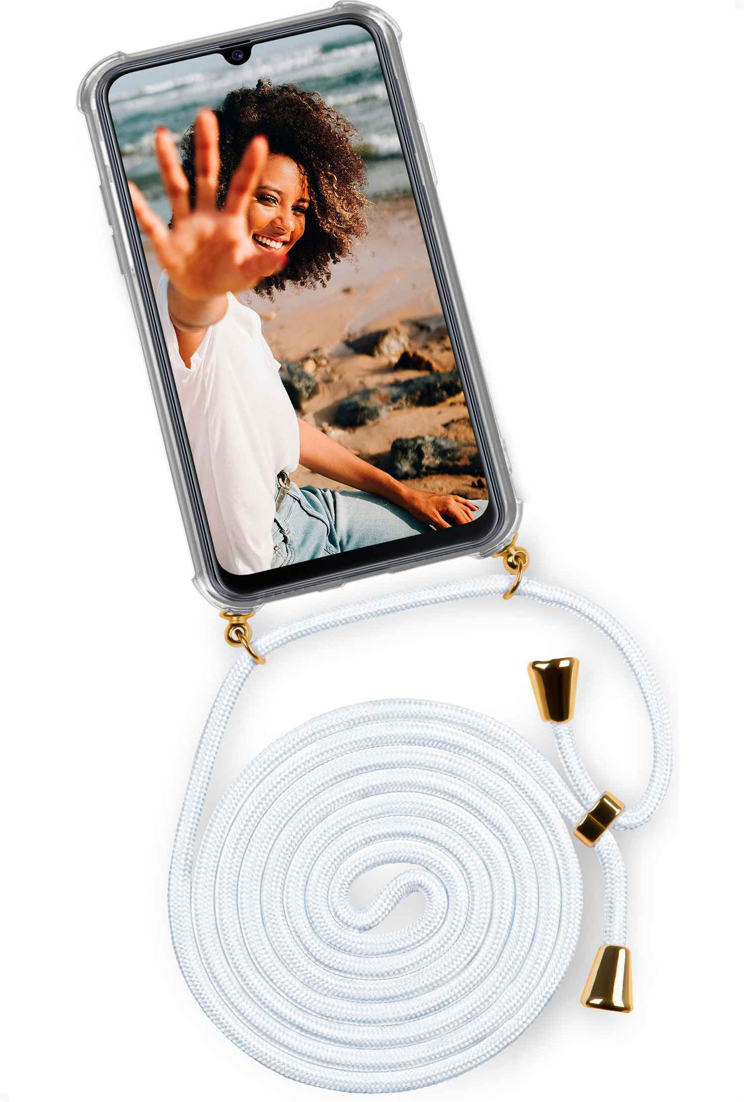 Handyhülle mit einer Frau am Strand auf dem Bildschirm und einem weißen Umhängeband.