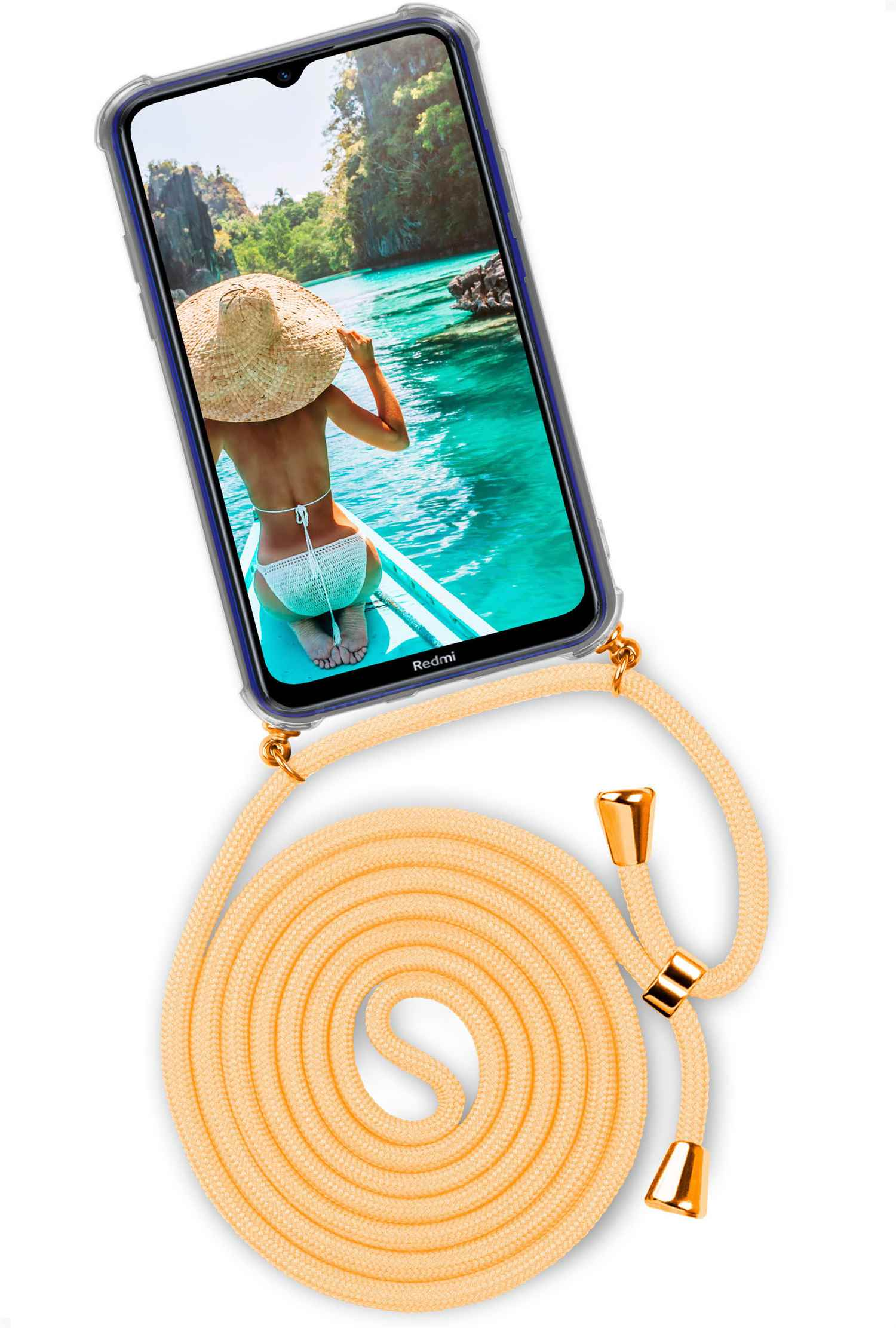 Telefon mit gelbem Umhängeband, Frau im Bikini auf einem Boot. Gelbe Akzente. Weißer Hintergrund.