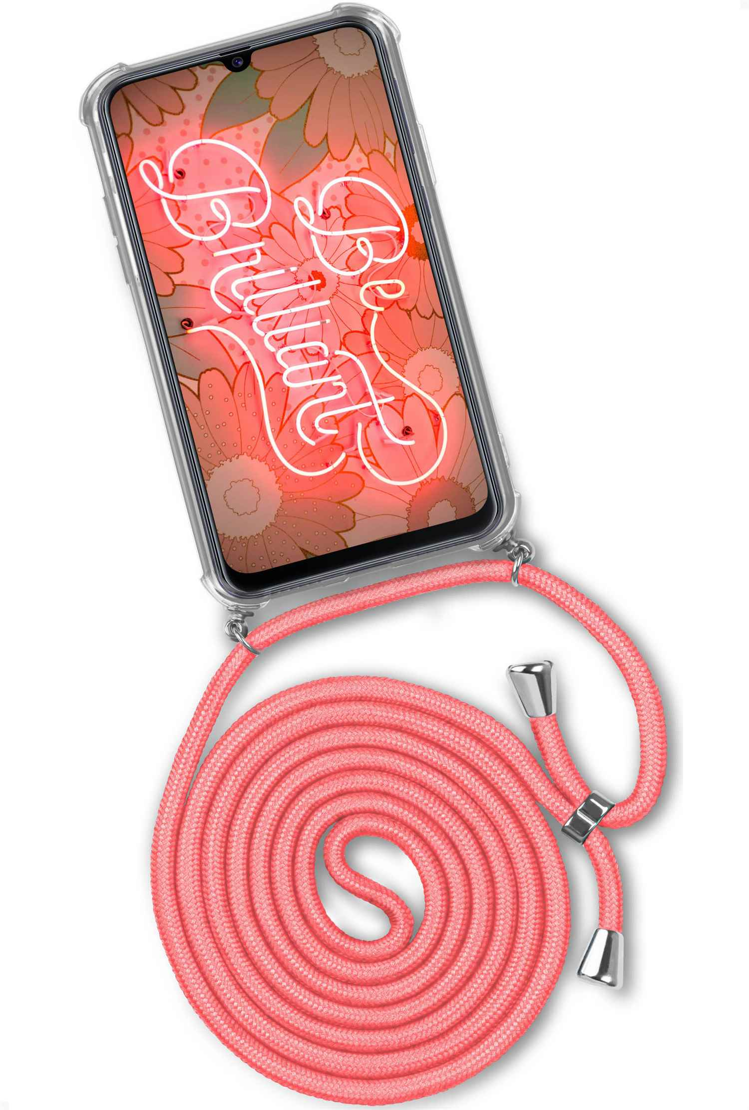 Telefon mit pinkfarbenem Band. Das Telefon hat eine Hülle mit einem pinkfarbenen Band.