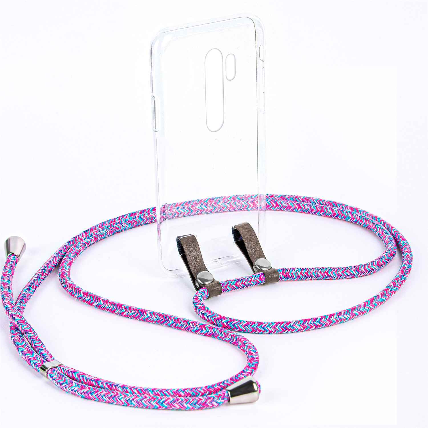 Transparente Handyhülle mit rosa und blau geflochtenem Band. Weißer Hintergrund.