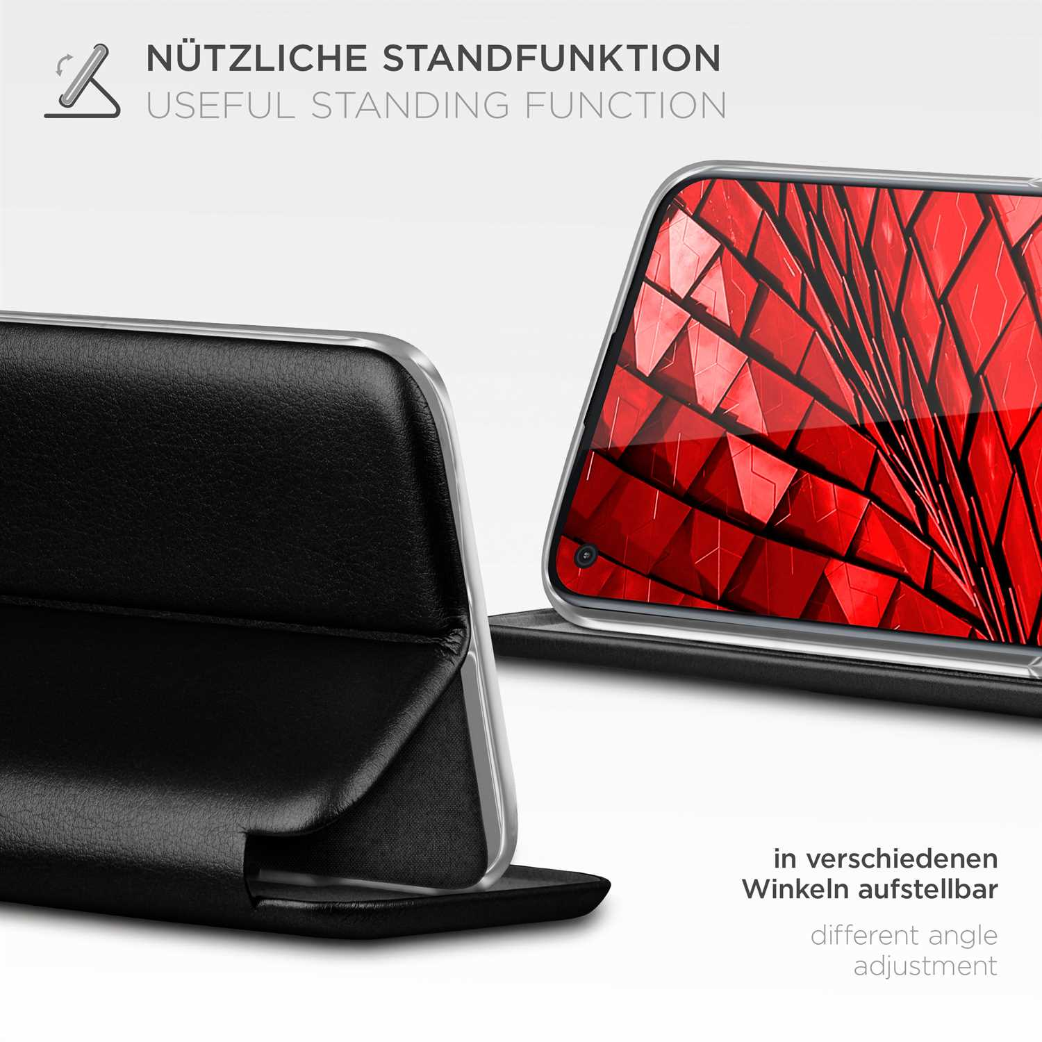 Eine Handyhülle mit Telefon darin wird in einer Standposition mit einem roten gemusterten Bildschirm gezeigt.