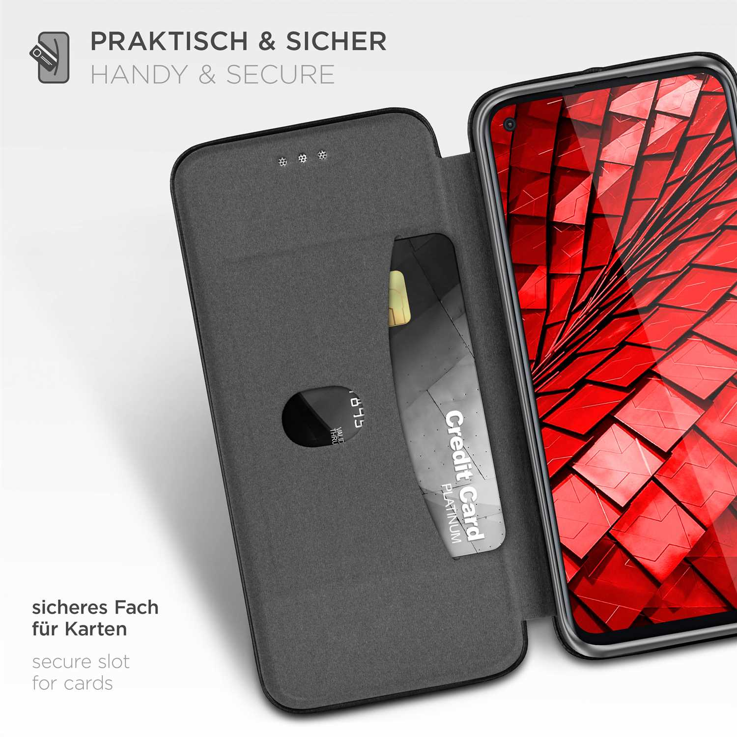 Schwarze Handyhülle mit geöffnetem Kreditkartenfach, zeigt Kreditkarte. Text: 'Handlich & Sicher'.