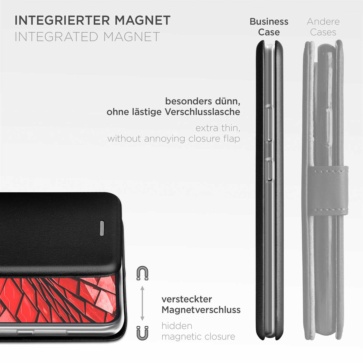 Handyhülle mit schwarzem Cover und roter Rückseite. Versteckter Magnetverschluss.