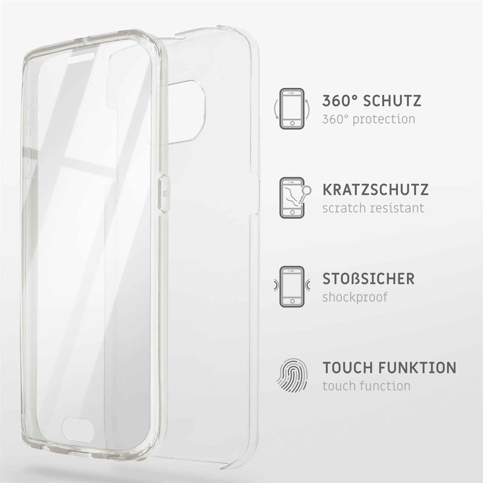 Transparente Handyhülle. Drei Symbole: 360° Schutz, kratzfest, stoßfest und Touch-Funktion.