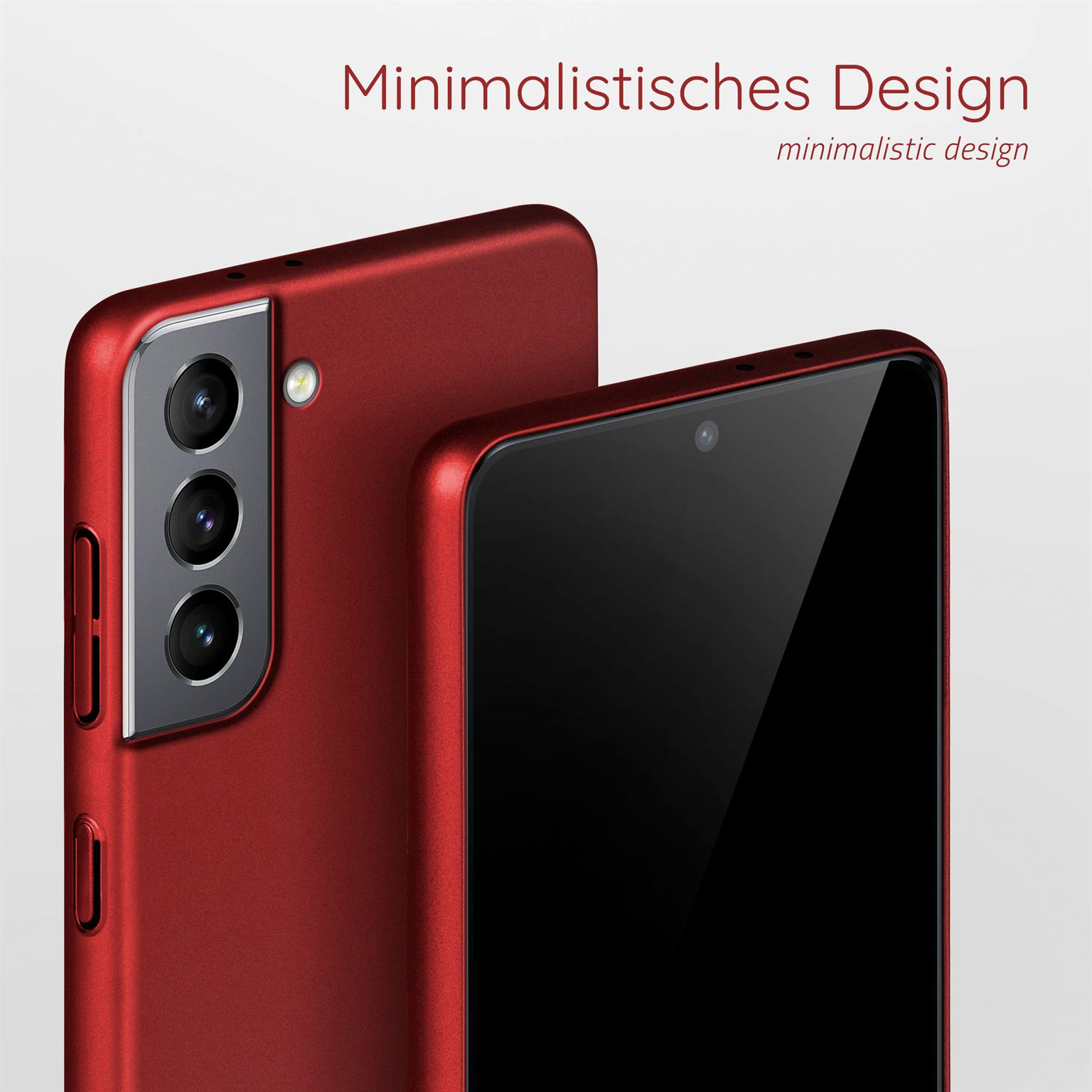 Nahaufnahme zweier roter Handyhüllen. Weißer Hintergrund mit Text: Minimalistisches Design.
