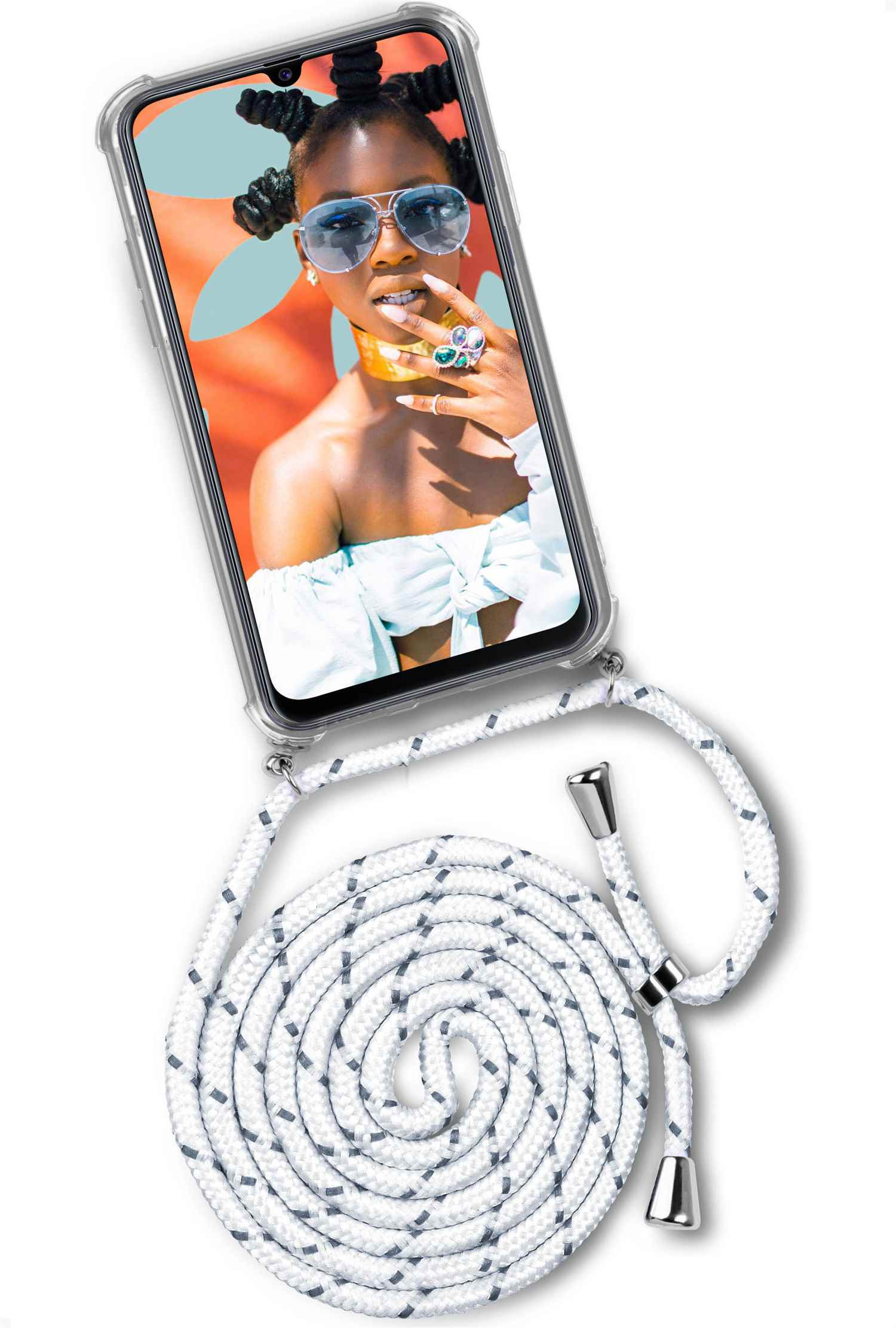 Telefon mit weißem Kabel, zeigt Frau mit Sonnenbrille. Hintergrund ist orange.