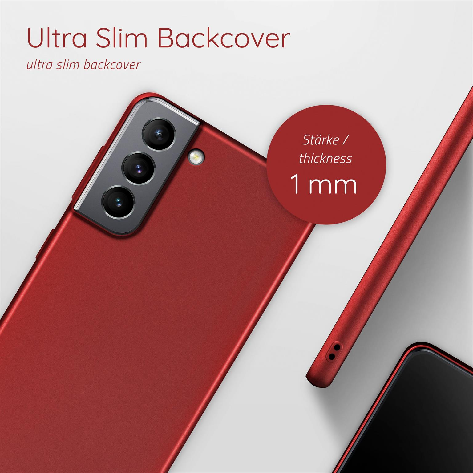 Rote Handyhülle mit Text: ultradünne Rückseite, 1 mm Dicke. Weißer Hintergrund.