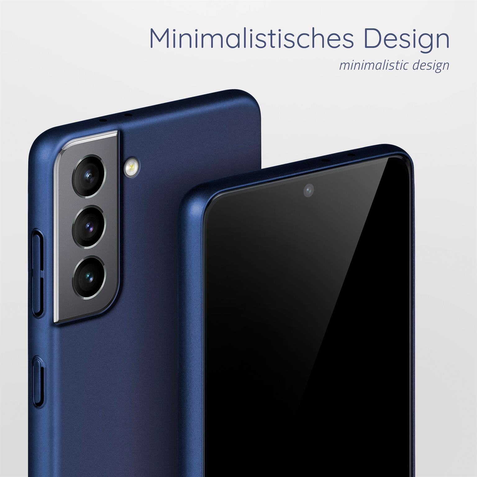 Nahaufnahme einer blauen Handyhülle und eines Telefons. Text: 'Minimalistisches Design'.