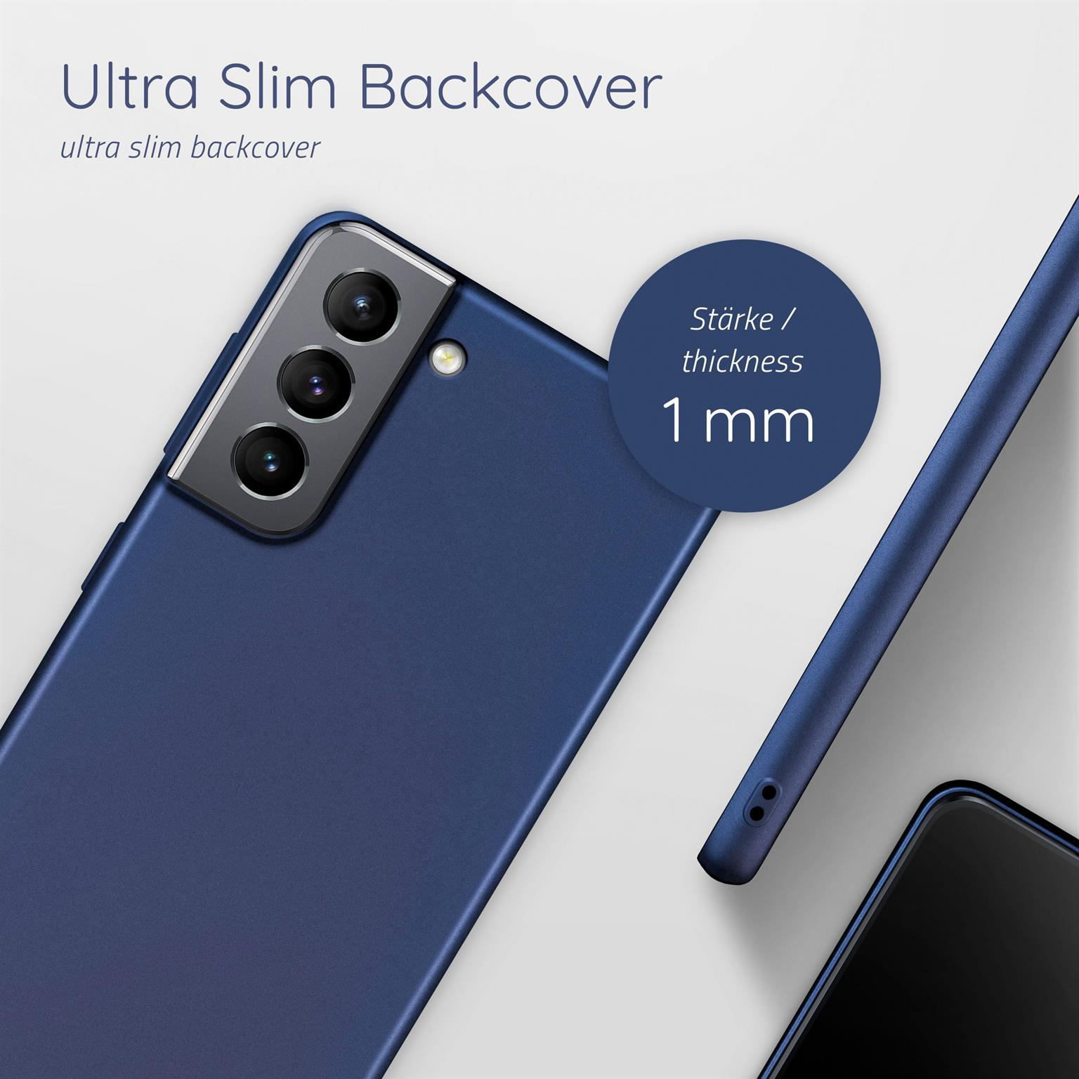 Blaue Handyhülle mit schlankem Design. Ein Kreis zeigt 1 mm Dicke.