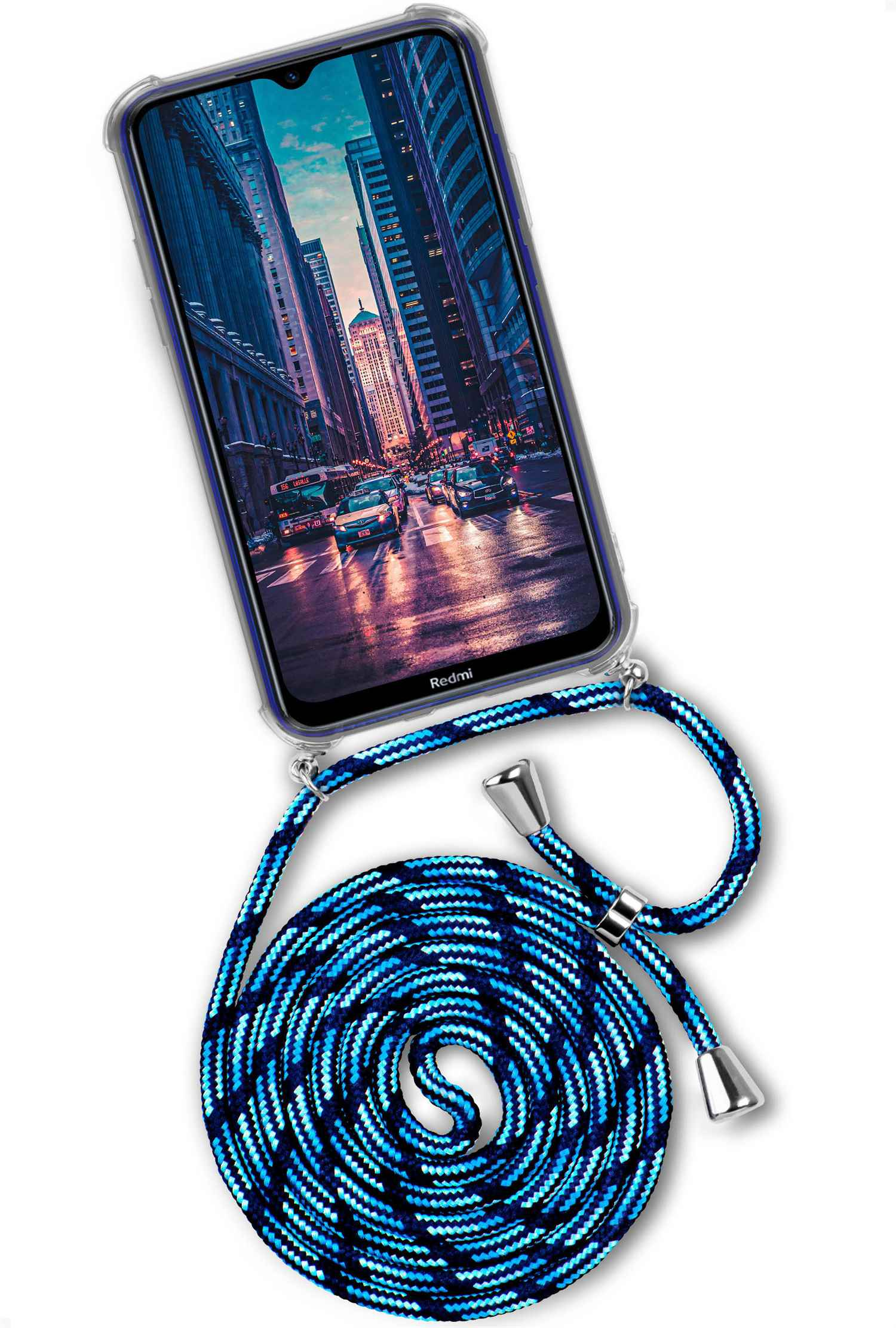 Telefon mit Stadtlichtern. Blaues und schwarzes Seil. Silber. Weißer Hg.