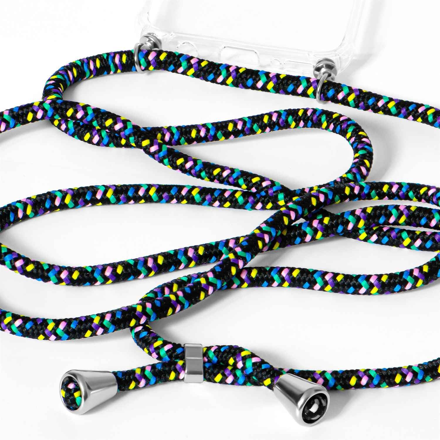 Nahaufnahme eines schwarzen Handy-Lanyards mit einem bunten Mosaikmuster.