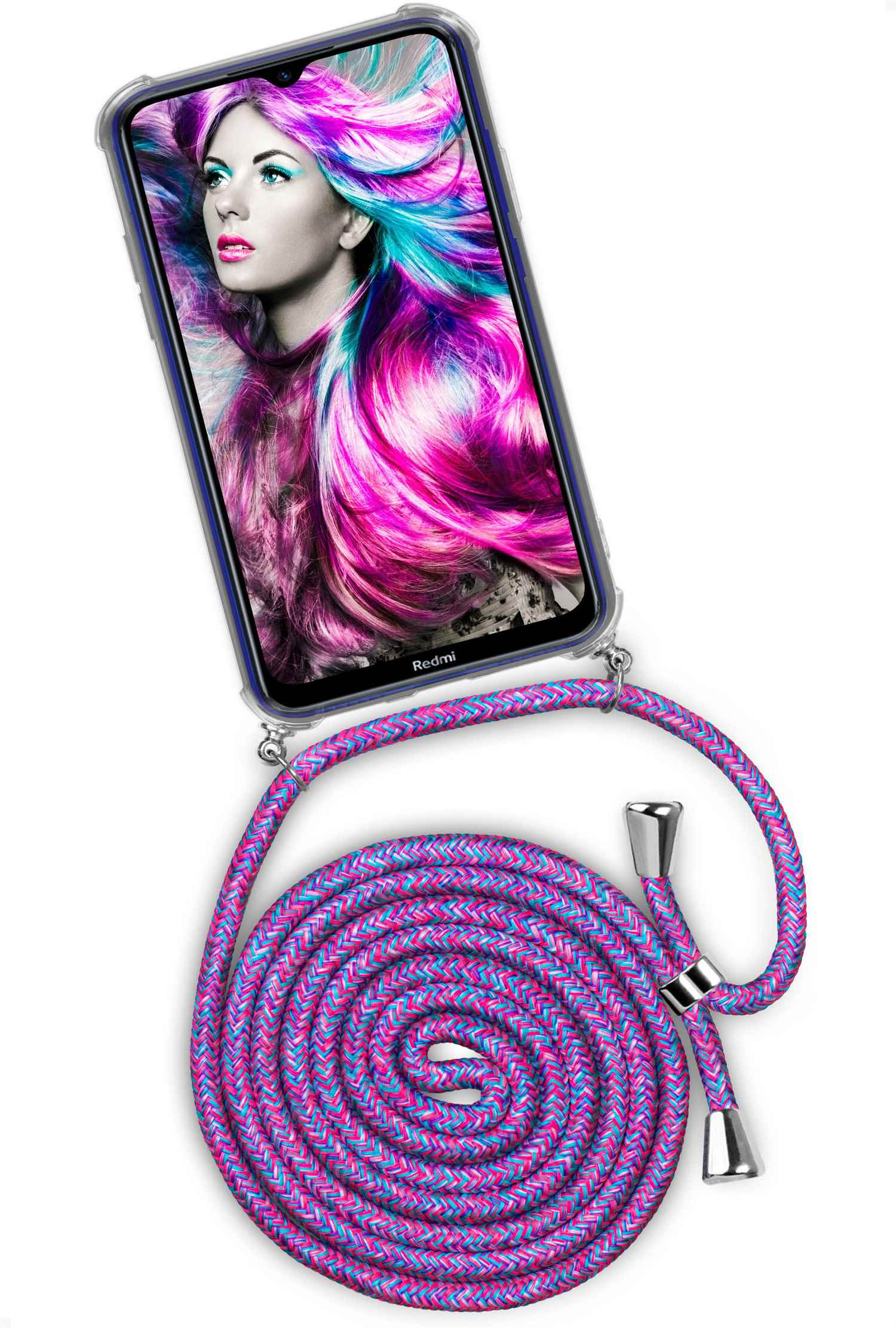 Telefon mit buntem Haarbild und einem pink-blauen Seil.